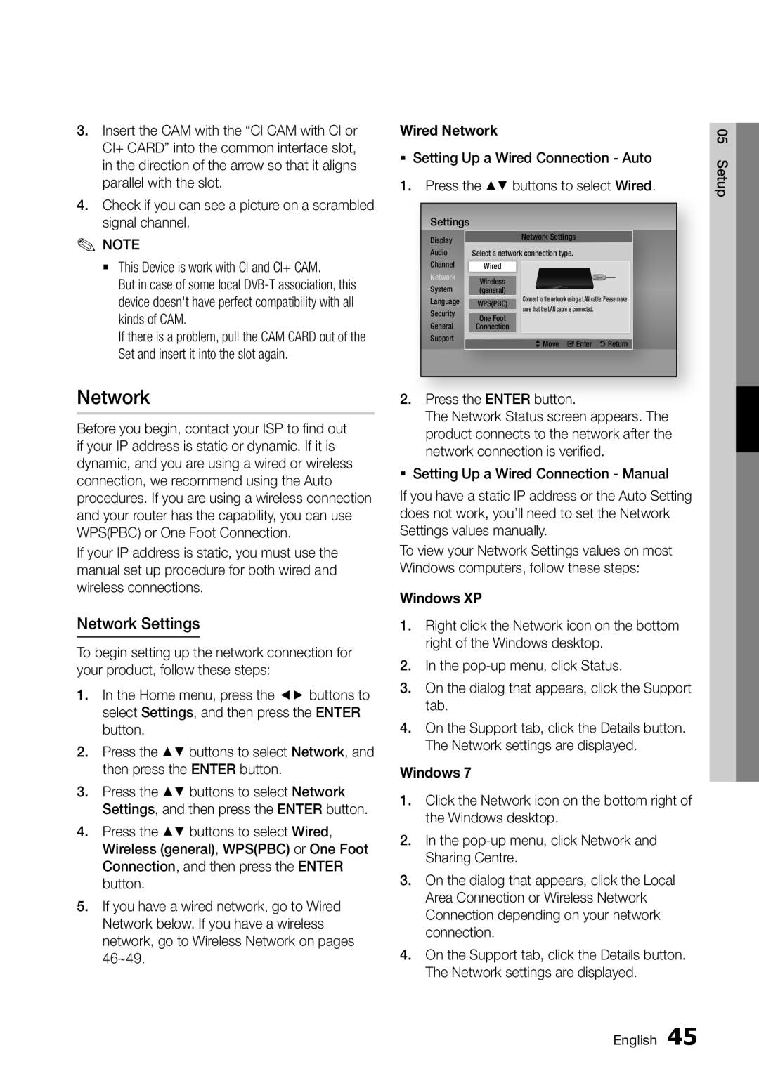 Samsung BD-D8500M/XU manual Network Settings, Wired Network, Windows XP 