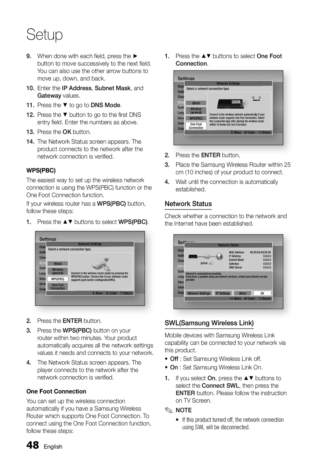 Samsung BD-D8500M/XU manual Network Status, SWLSamsung Wireless Link, Press the OK button, One Foot Connection 