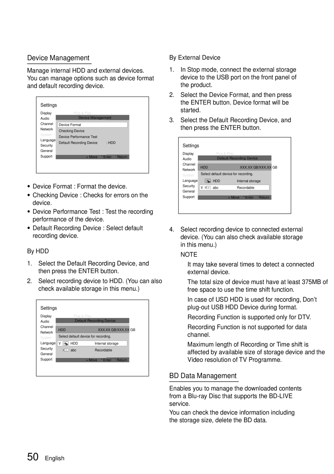 Samsung BD-D8500M/XU manual Device Management, BD Data Management, By HDD, By External Device 