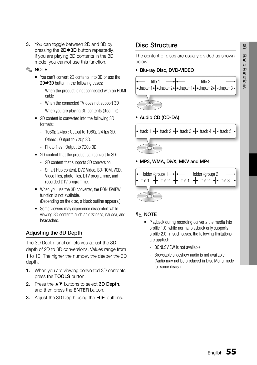 Samsung BD-D8500M/XU manual Disc Structure, Adjusting the 3D Depth 