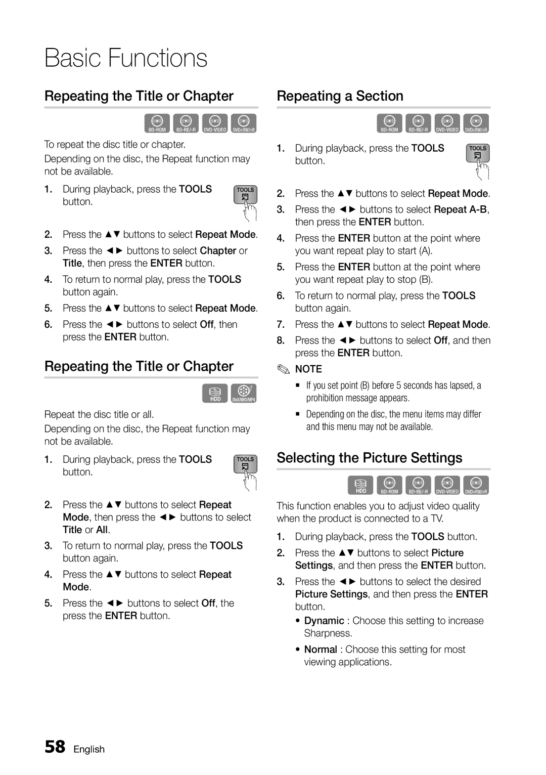 Samsung BD-D8500M/XU manual Repeating the Title or Chapter, Repeating a Section, Selecting the Picture Settings 