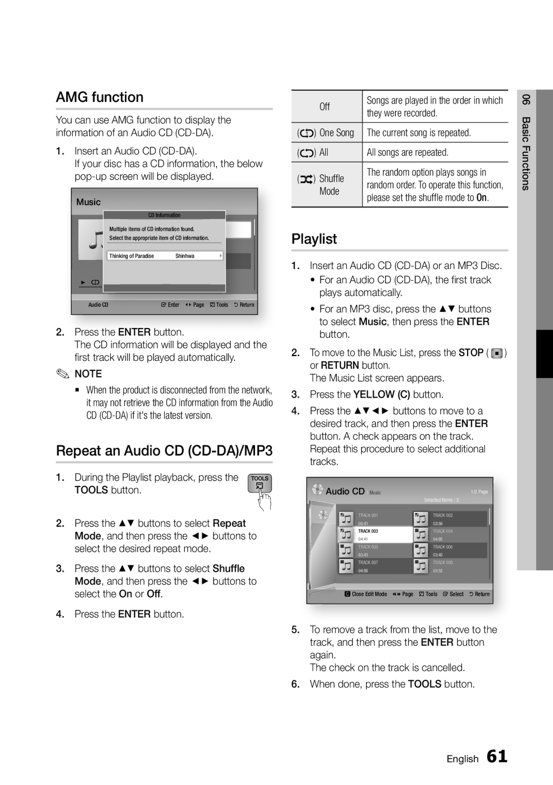 Samsung BD-D8500M/XU manual AMG function, Repeat an Audio CD CD-DA/MP3, Playlist 