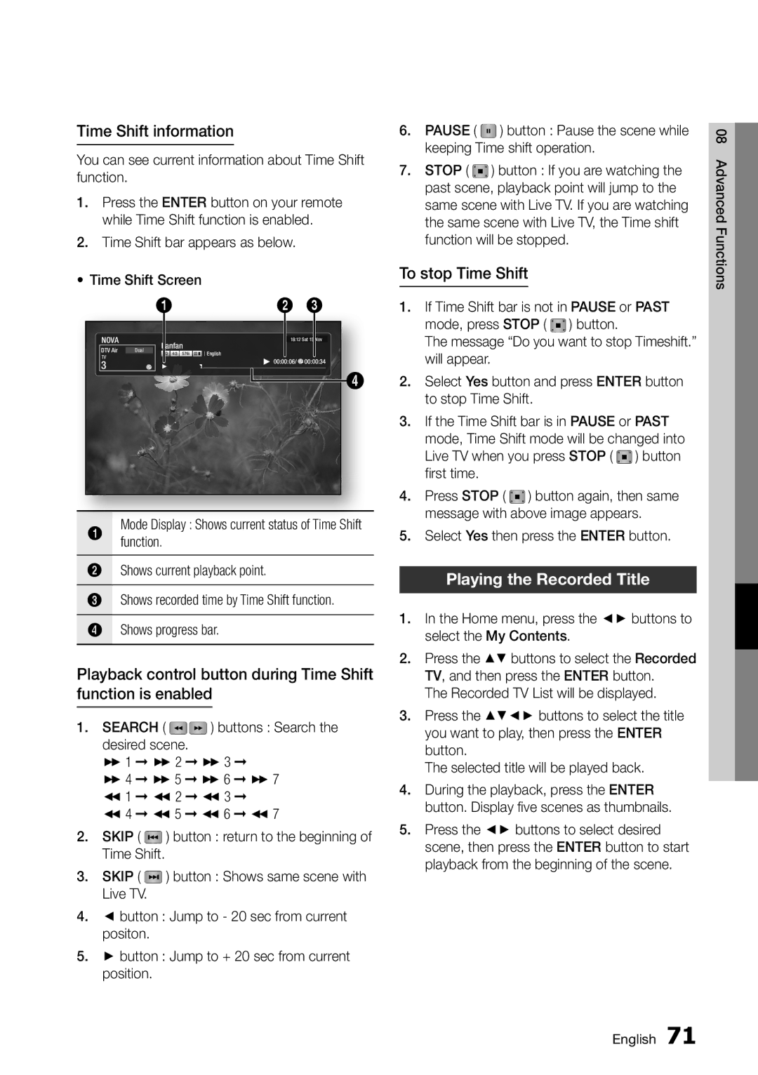 Samsung BD-D8500M/XU manual Time Shift information, To stop Time Shift, Playing the Recorded Title 