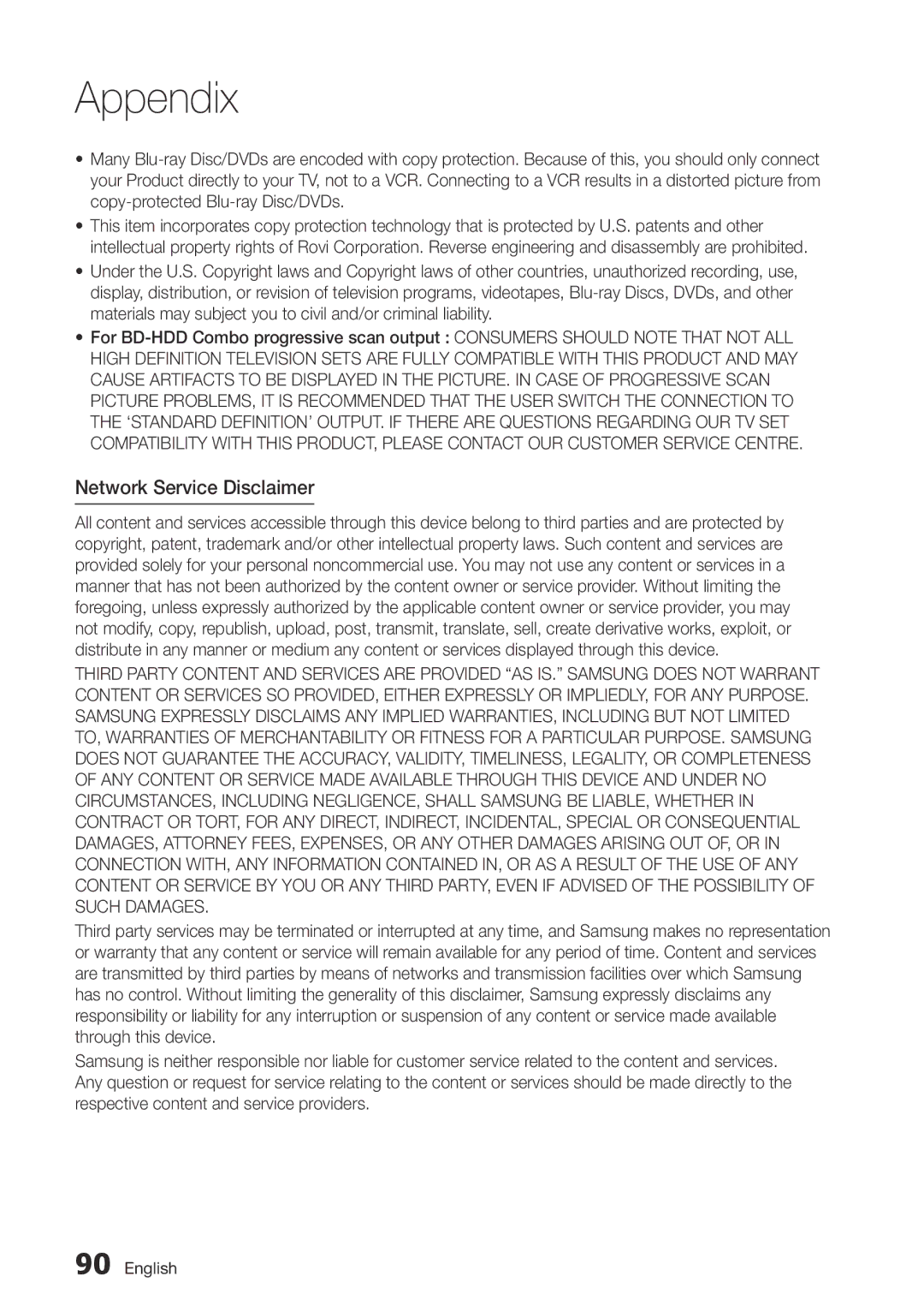 Samsung BD-D8500M/XU manual Network Service Disclaimer 