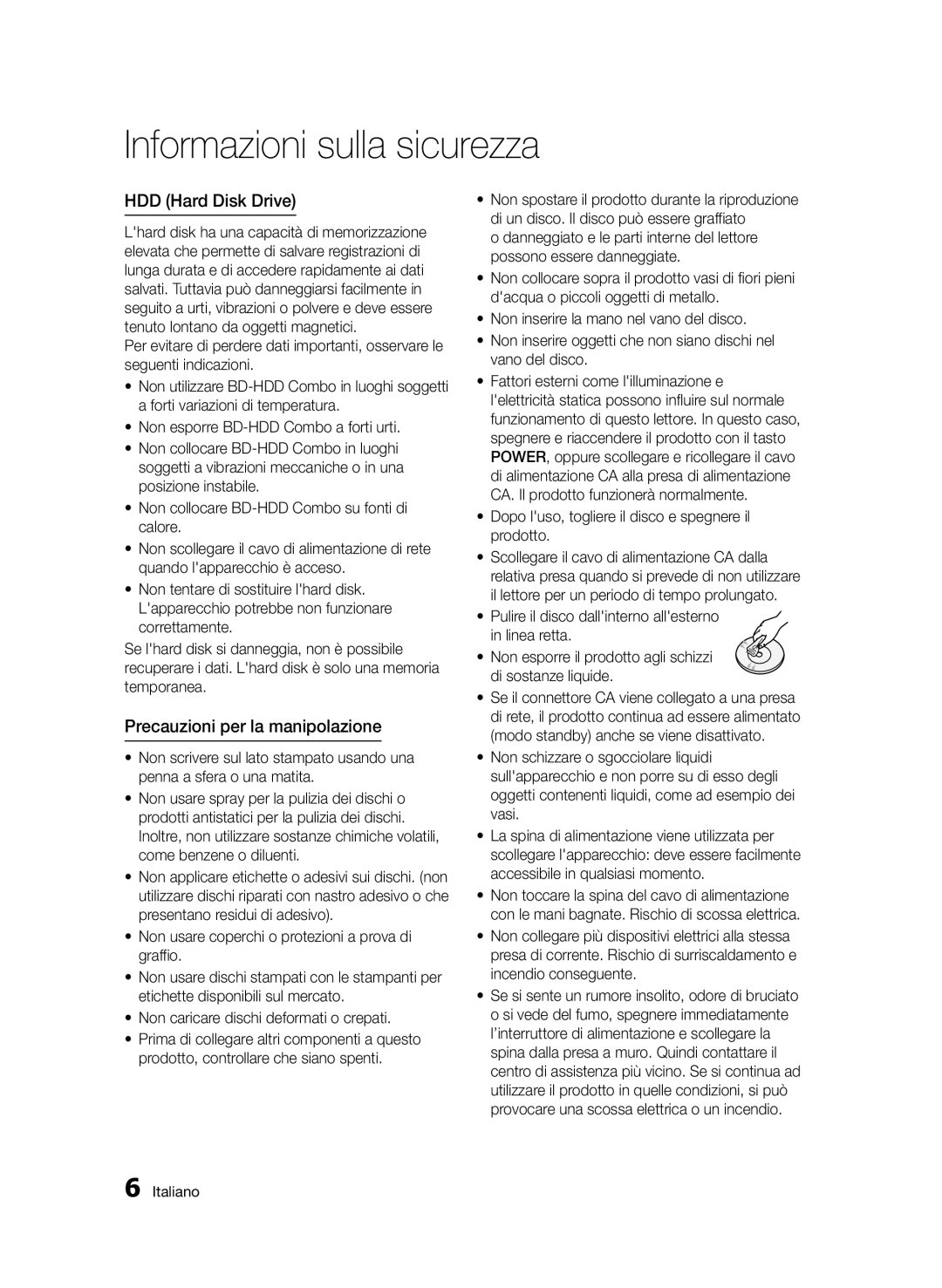 Samsung BD-D8900/ZF manual HDD Hard Disk Drive, Precauzioni per la manipolazione 