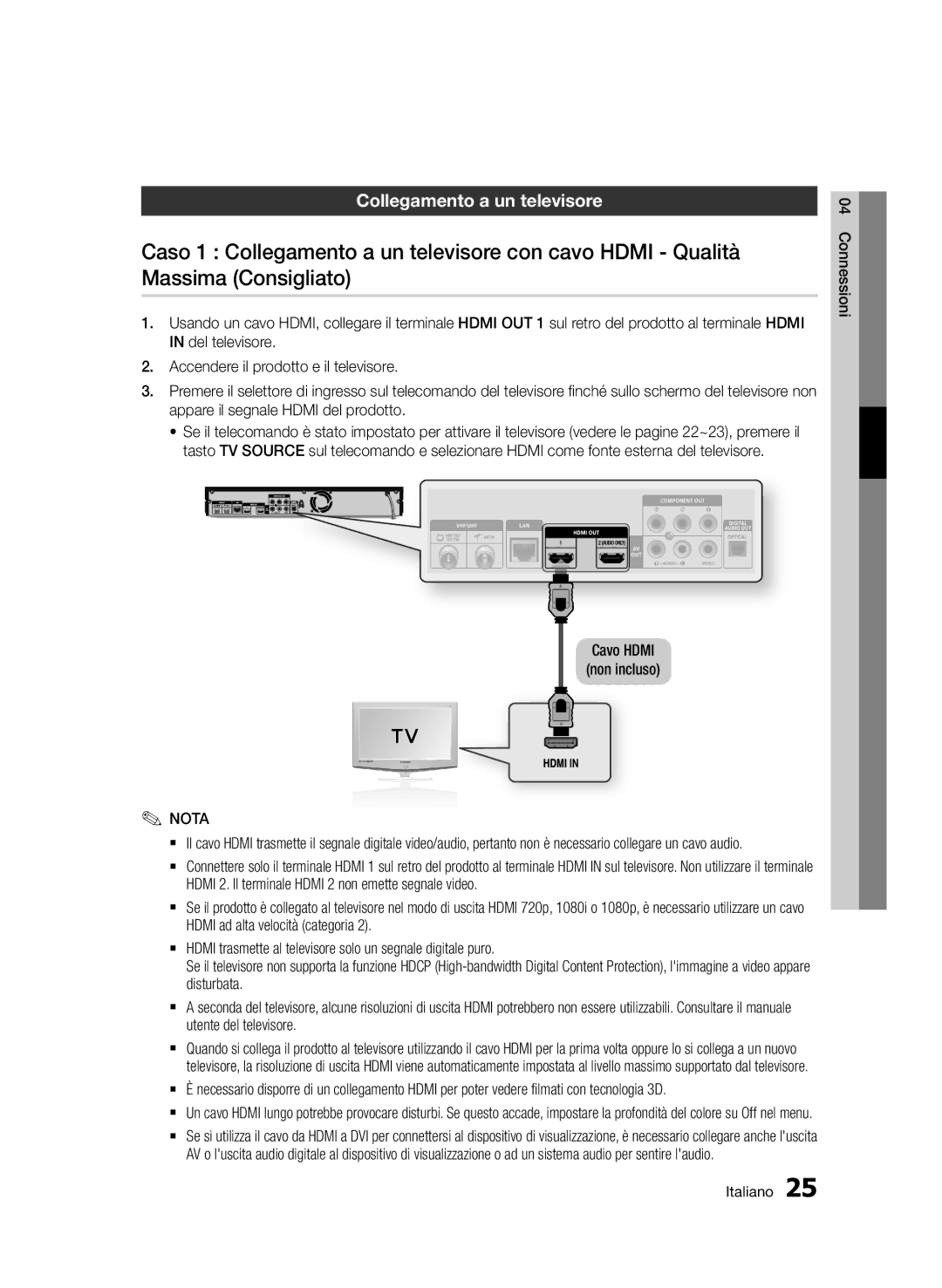 Samsung BD-D8900/ZF manual Collegamento a un televisore, Cavo Hdmi Non incluso, Connessioni Italiano 