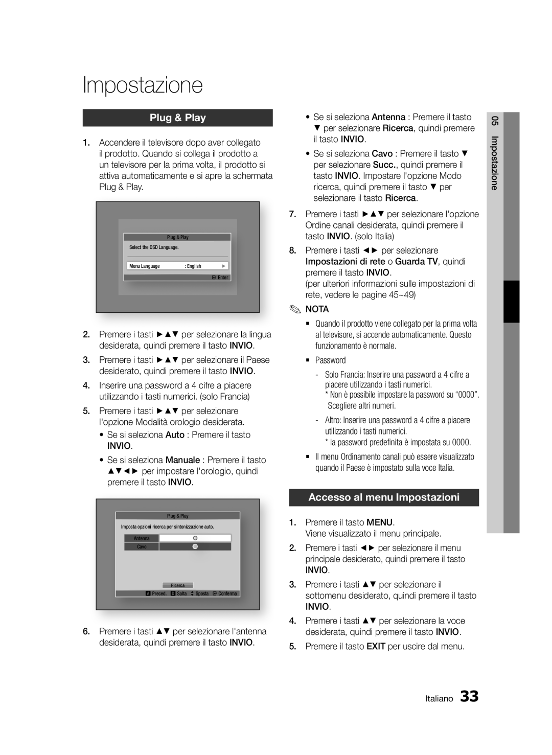 Samsung BD-D8900/ZF manual Impostazione, Plug & Play, Accesso al menu Impostazioni 