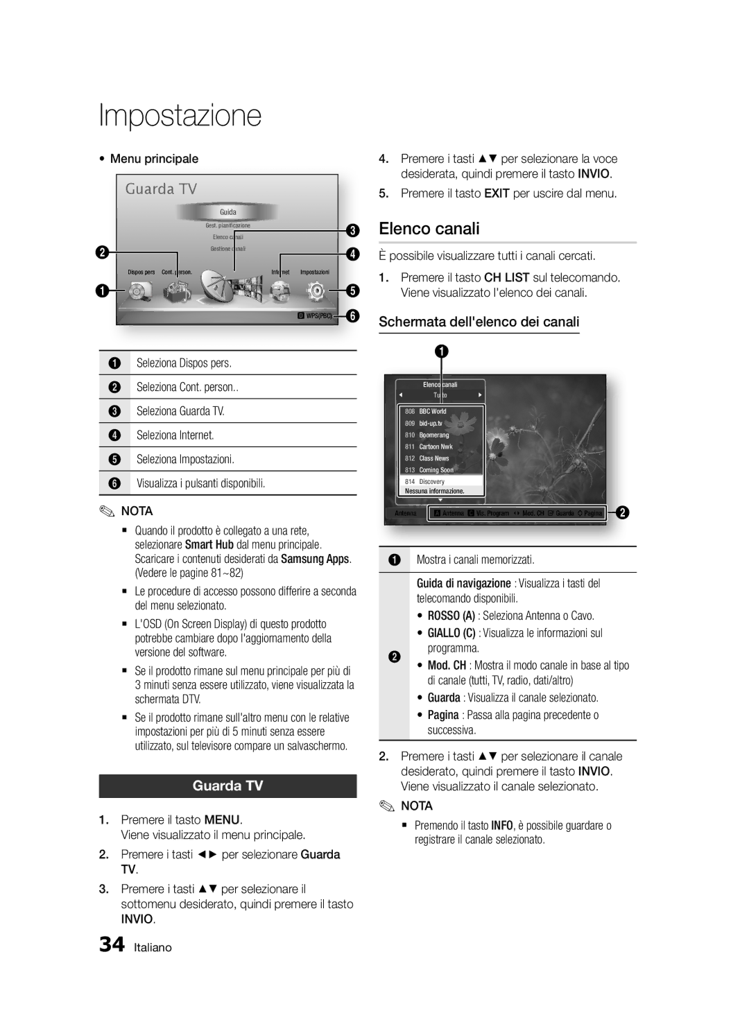 Samsung BD-D8900/ZF manual Elenco canali, Guarda TV, Schermata dellelenco dei canali 