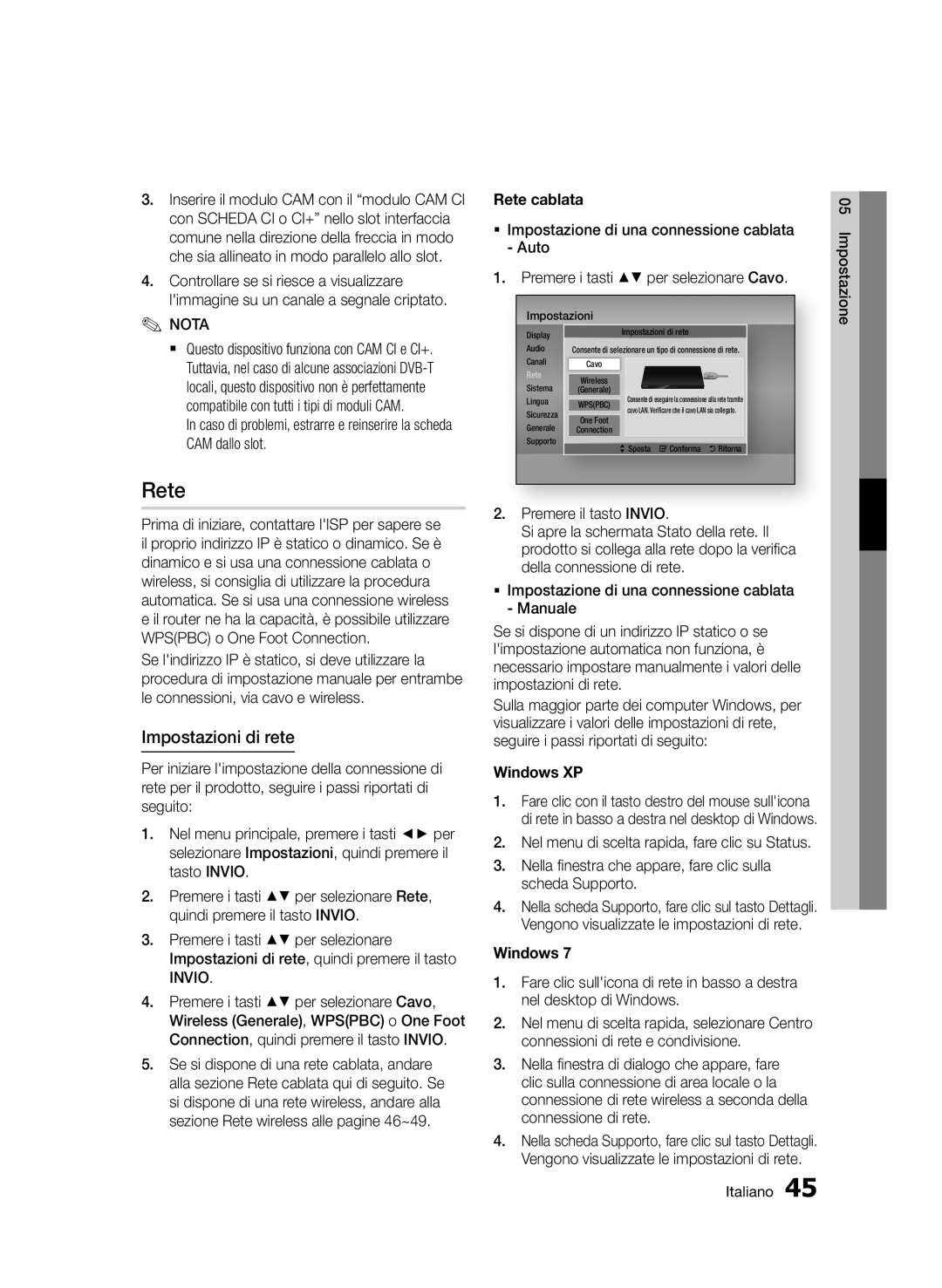 Samsung BD-D8900/ZF manual Impostazioni di rete, Premere i tasti per selezionare Cavo, Rete cablata 