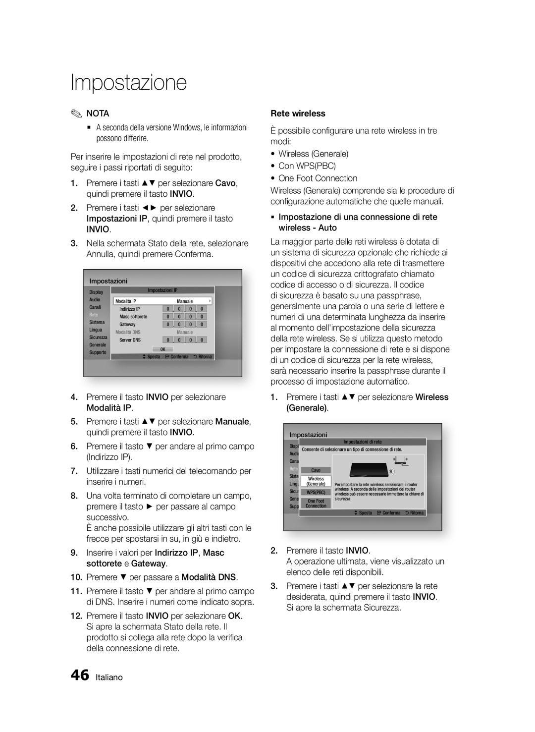 Samsung BD-D8900/ZF manual Rete wireless, ƒƒ Impostazione di una connessione di rete wireless Auto, Premere il tasto Invio 