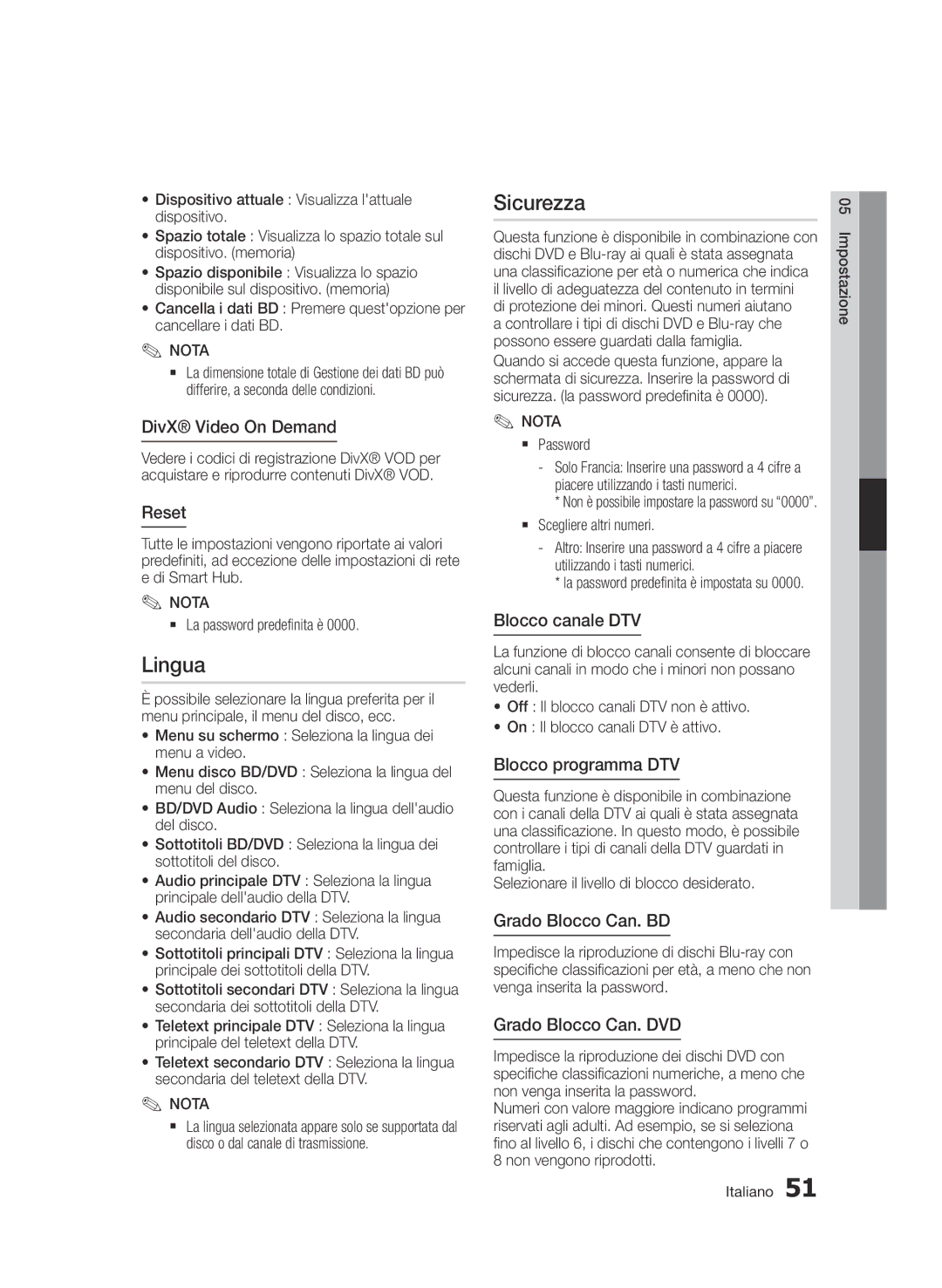 Samsung BD-D8900/ZF manual Lingua, Sicurezza 