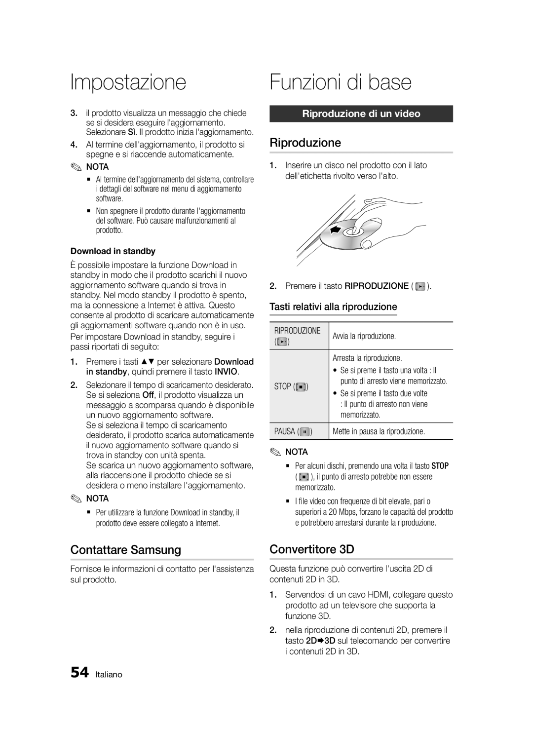 Samsung BD-D8900/ZF manual Funzioni di base, Contattare Samsung, Convertitore 3D, Riproduzione di un video 