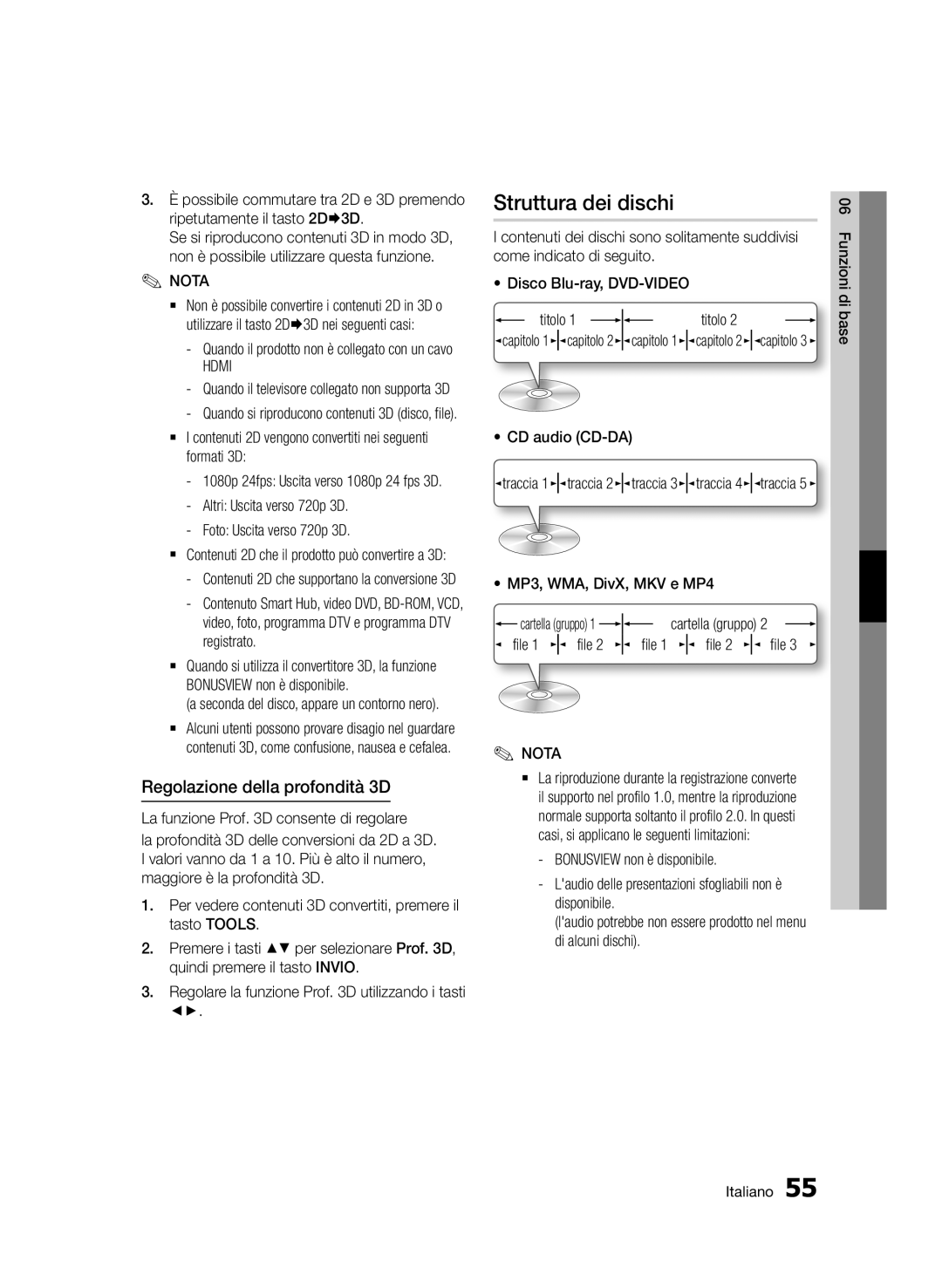 Samsung BD-D8900/ZF manual Struttura dei dischi, Regolazione della profondità 3D 