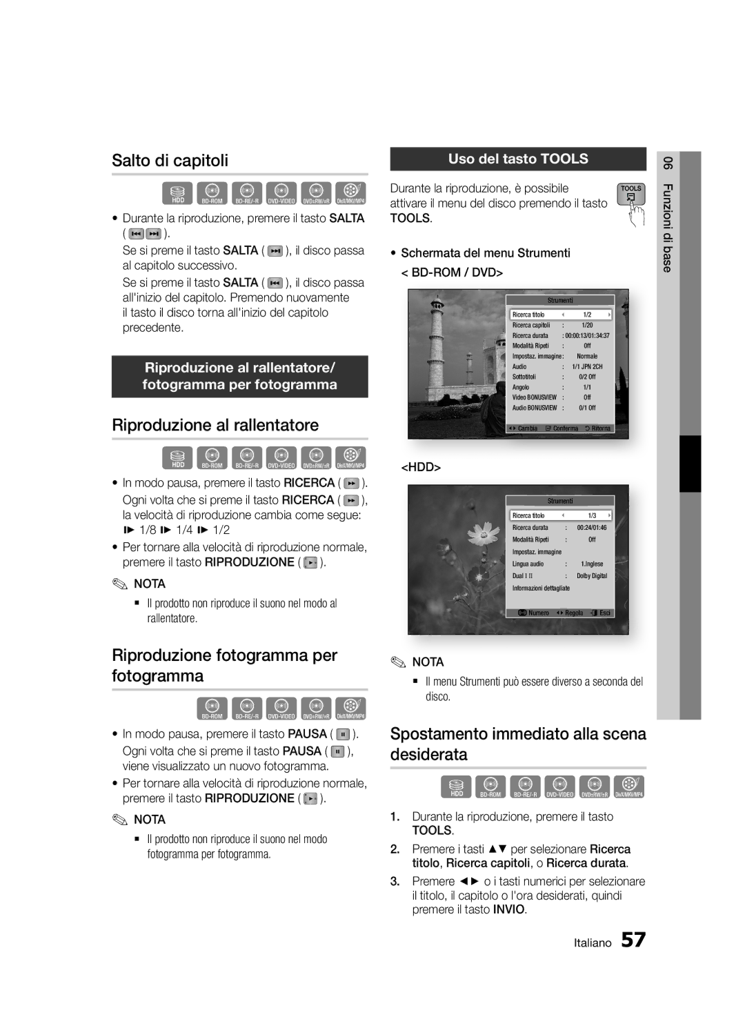 Samsung BD-D8900/ZF manual Salto di capitoli, Riproduzione al rallentatore, Riproduzione fotogramma per fotogramma 