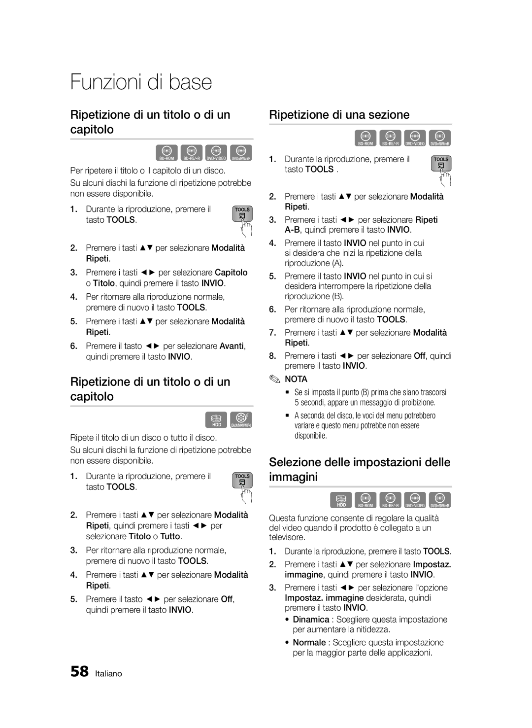 Samsung BD-D8900/ZF manual Ripetizione di un titolo o di un capitolo, Ripetizione di una sezione 