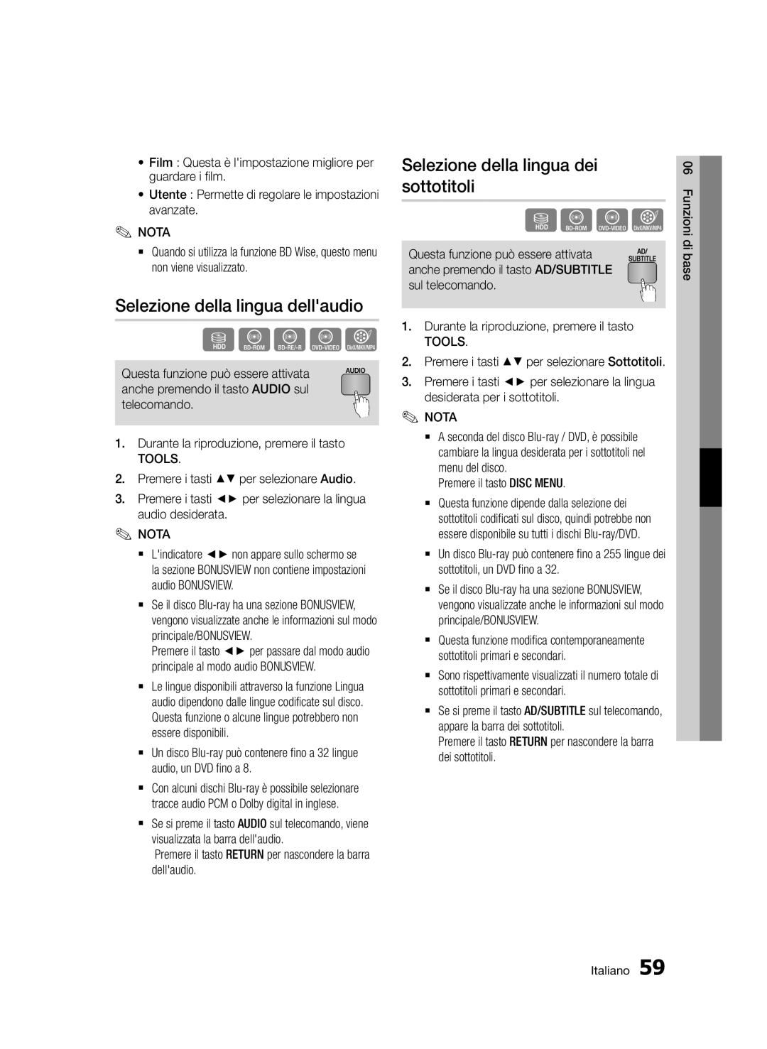 Samsung BD-D8900/ZF Selezione della lingua dellaudio, Selezione della lingua dei sottotitoli, Premere il tasto Disc Menu 