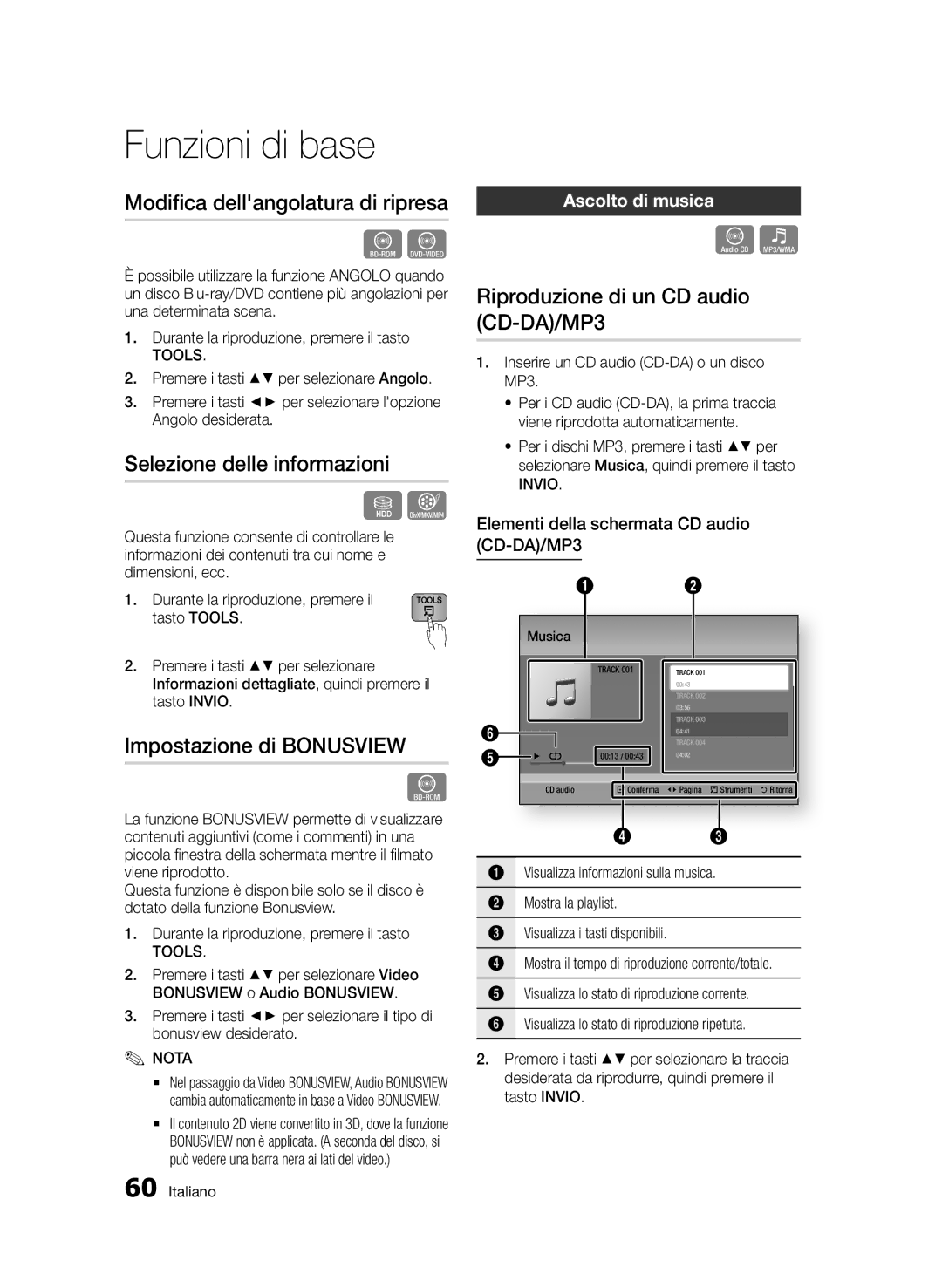 Samsung BD-D8900/ZF manual Modifica dellangolatura di ripresa, Selezione delle informazioni, Impostazione di Bonusview 