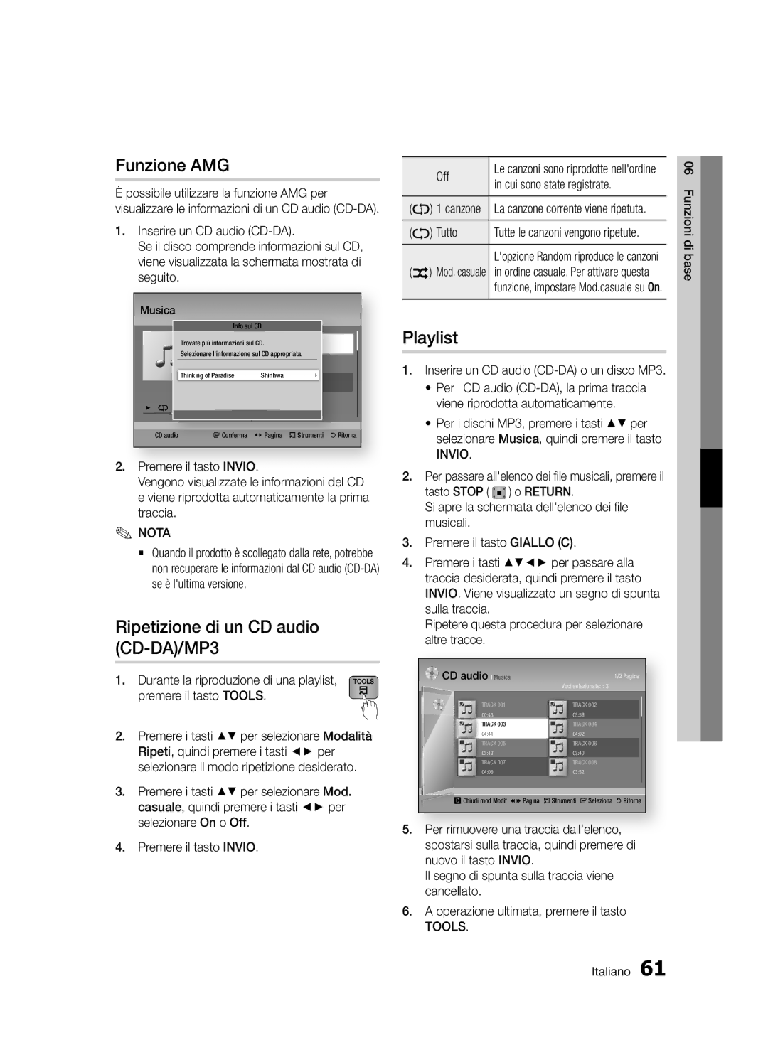 Samsung BD-D8900/ZF manual Funzione AMG, Ripetizione di un CD audio CD-DA/MP3, Playlist 