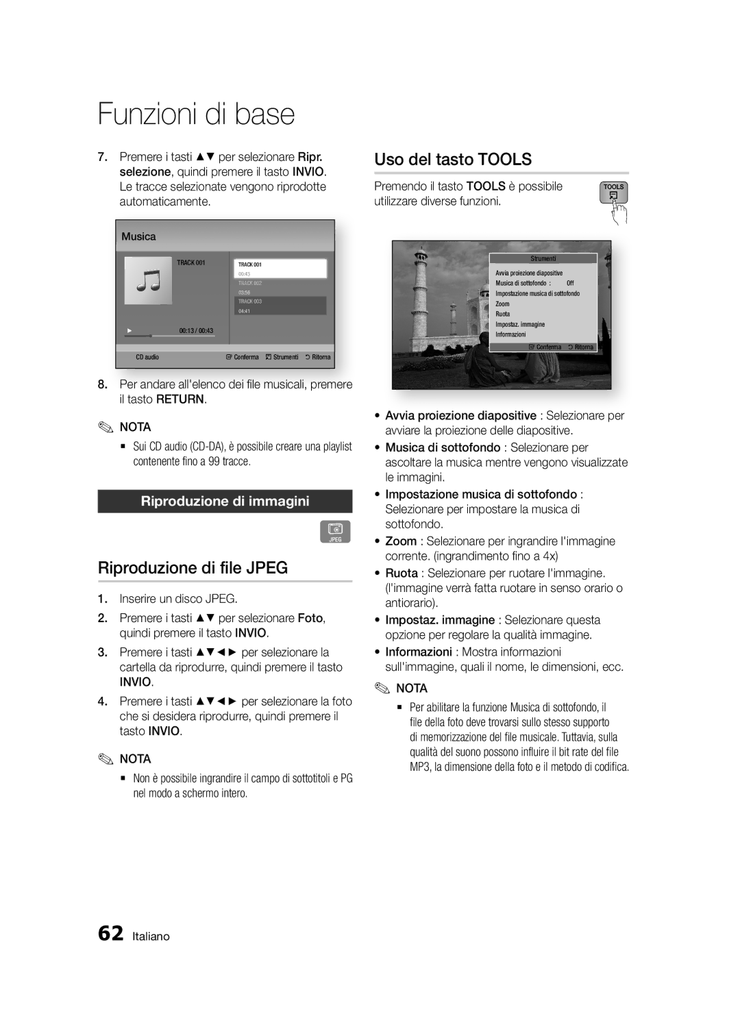 Samsung BD-D8900/ZF manual Riproduzione di file Jpeg, Uso del tasto Tools, Riproduzione di immagini 