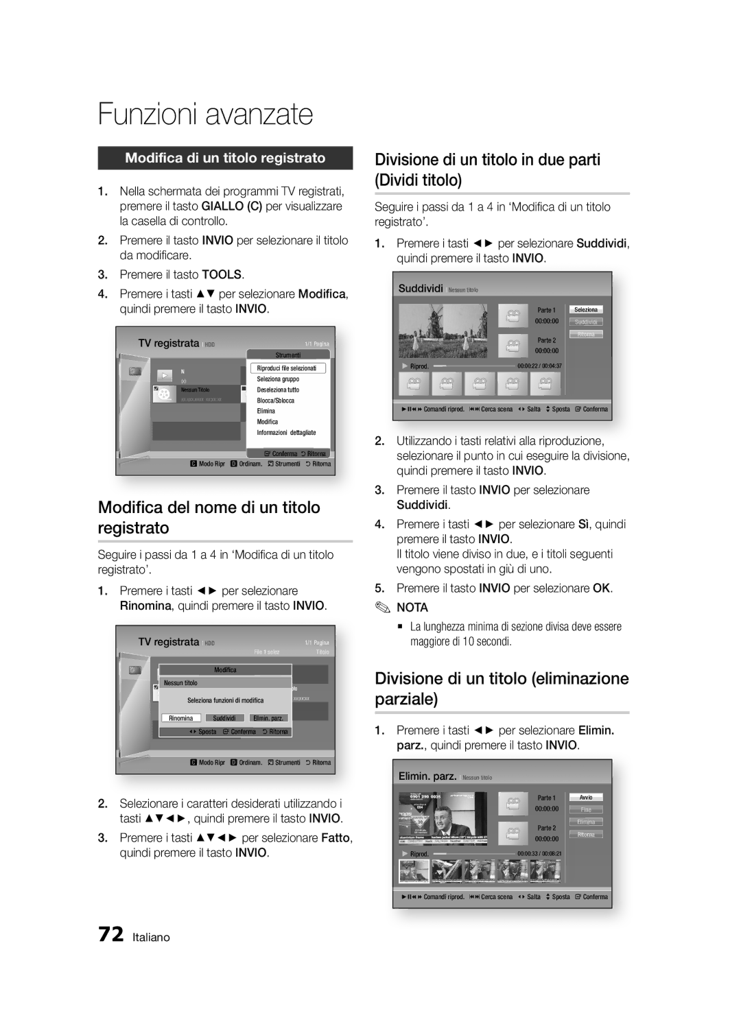 Samsung BD-D8900/ZF manual Modifica del nome di un titolo registrato, Divisione di un titolo in due parti Dividi titolo 