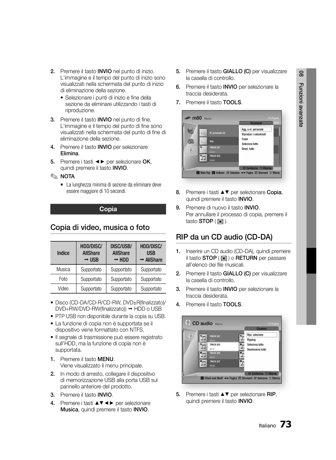 Samsung BD-D8900/ZF manual Copia di video, musica o foto, RIP da un CD audio CD-DA 