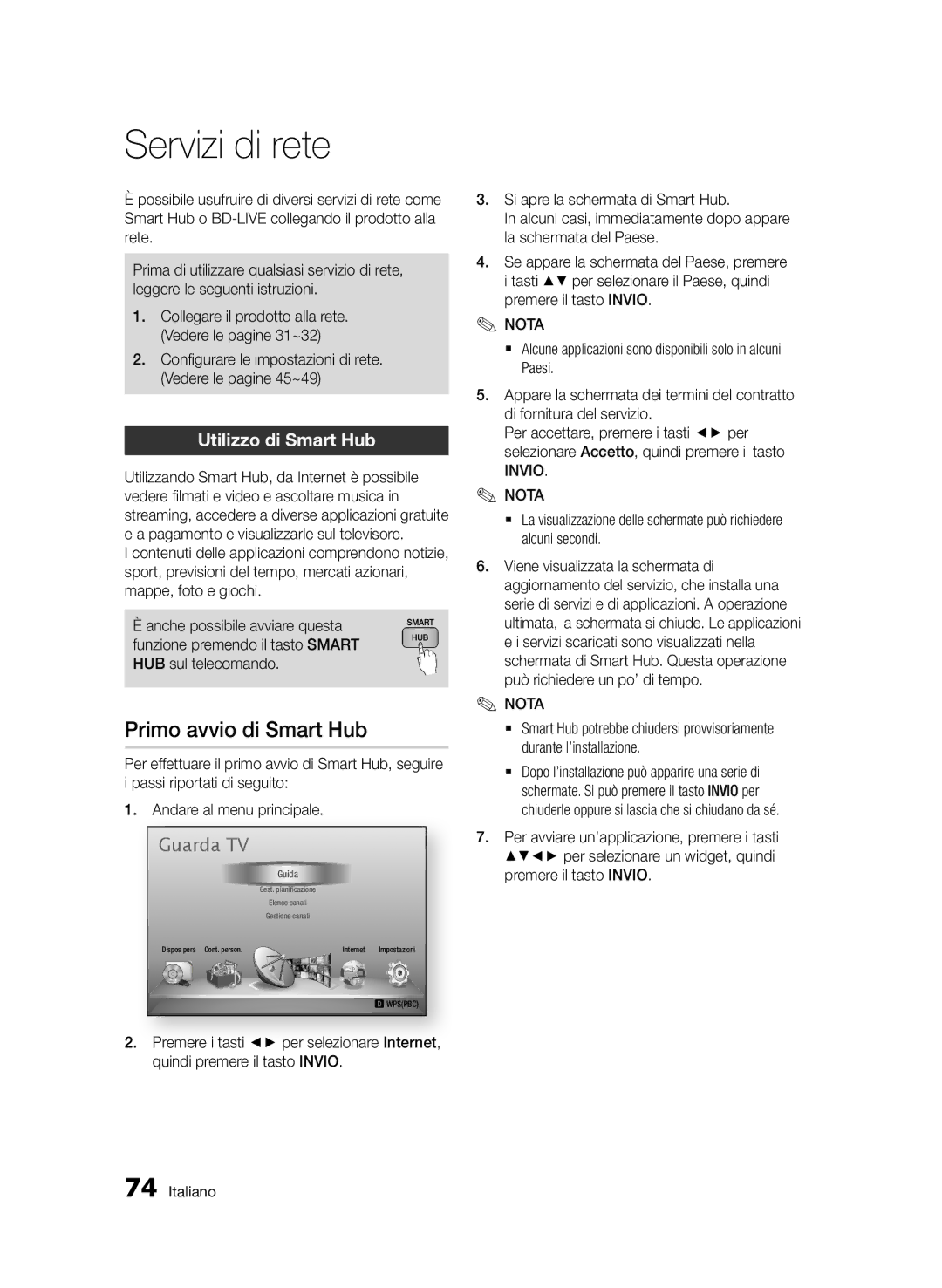 Samsung BD-D8900/ZF manual Servizi di rete, Primo avvio di Smart Hub, Utilizzo di Smart Hub, Invio Nota 