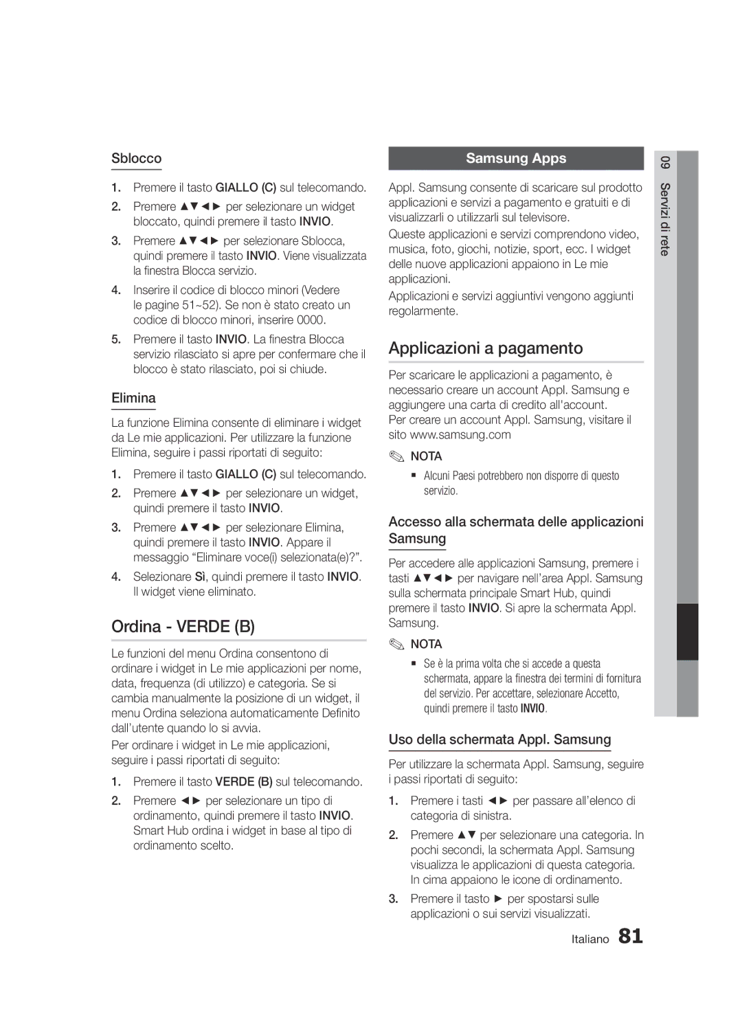 Samsung BD-D8900/ZF manual Ordina Verde B, Applicazioni a pagamento, Samsung Apps 