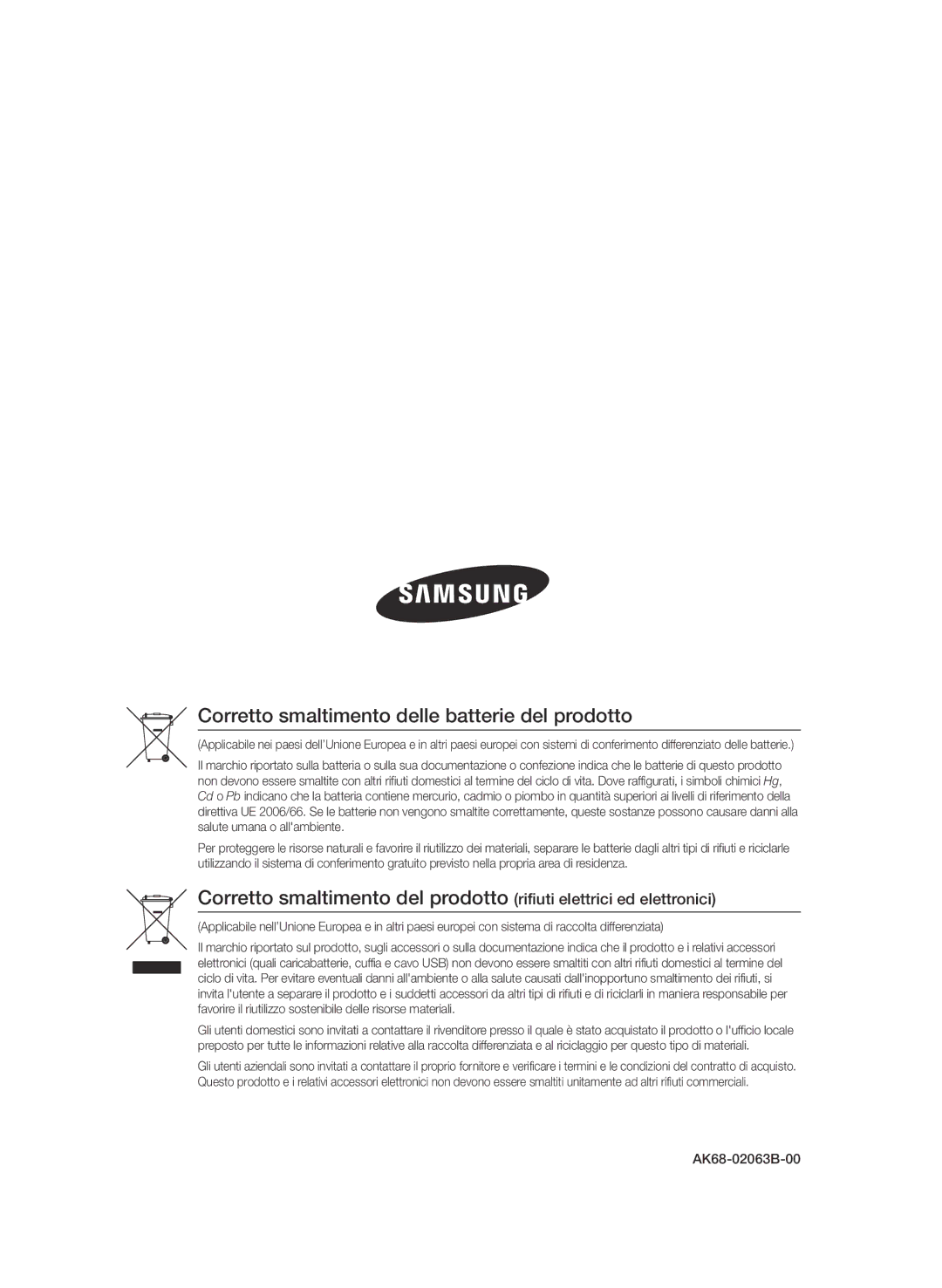 Samsung BD-D8900/ZF manual Corretto smaltimento delle batterie del prodotto 