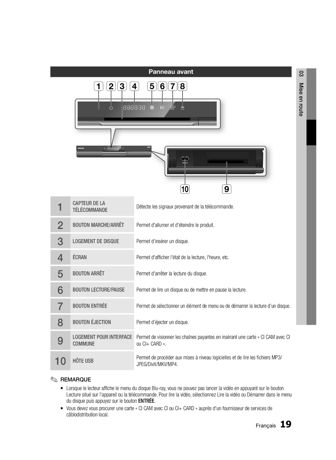 Samsung BD-D8900/ZF manual Panneau avant, Mise en route 