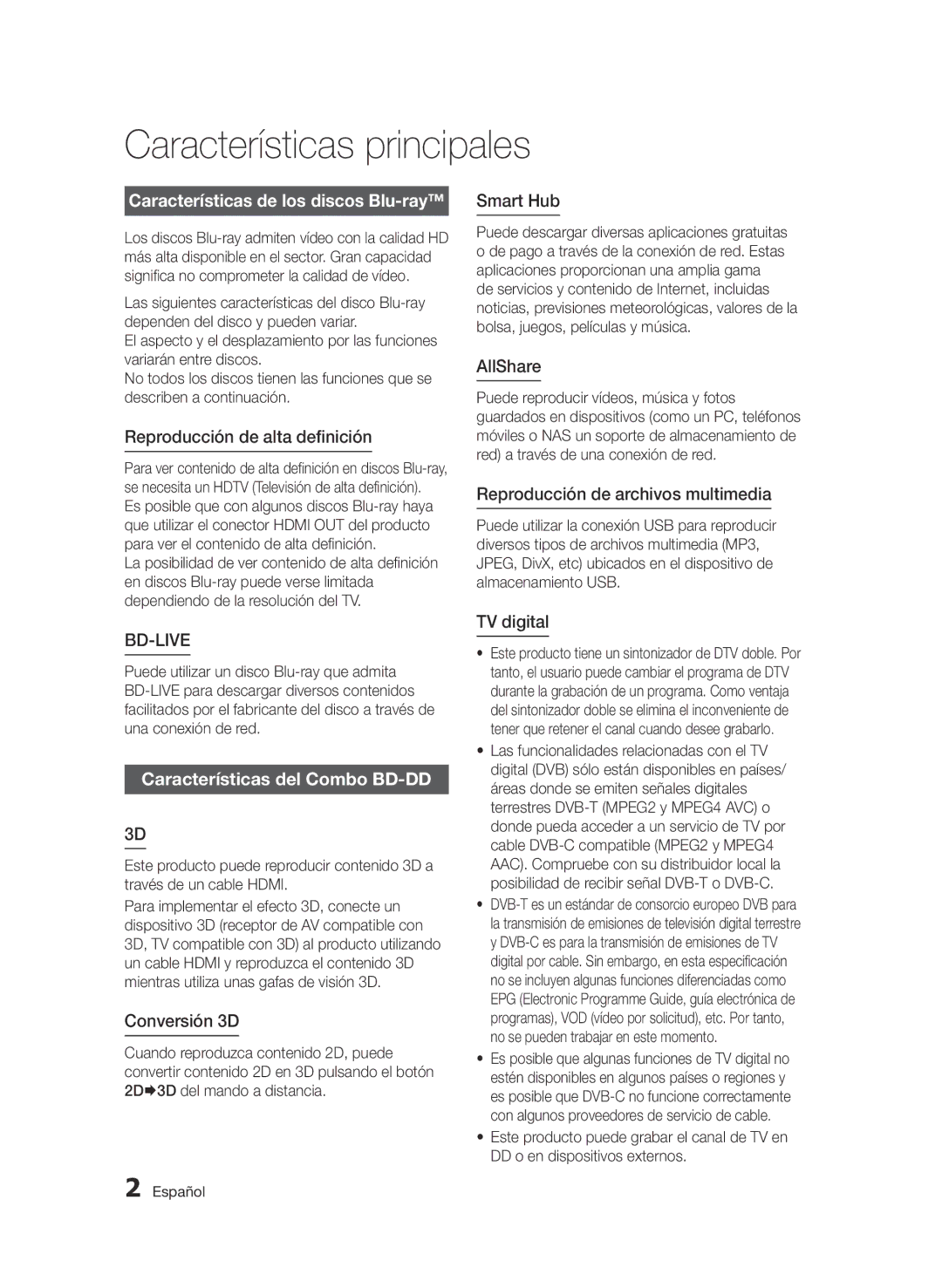 Samsung BD-D8900/ZF Características principales, Características de los discos Blu-ray, Características del Combo BD-DD 