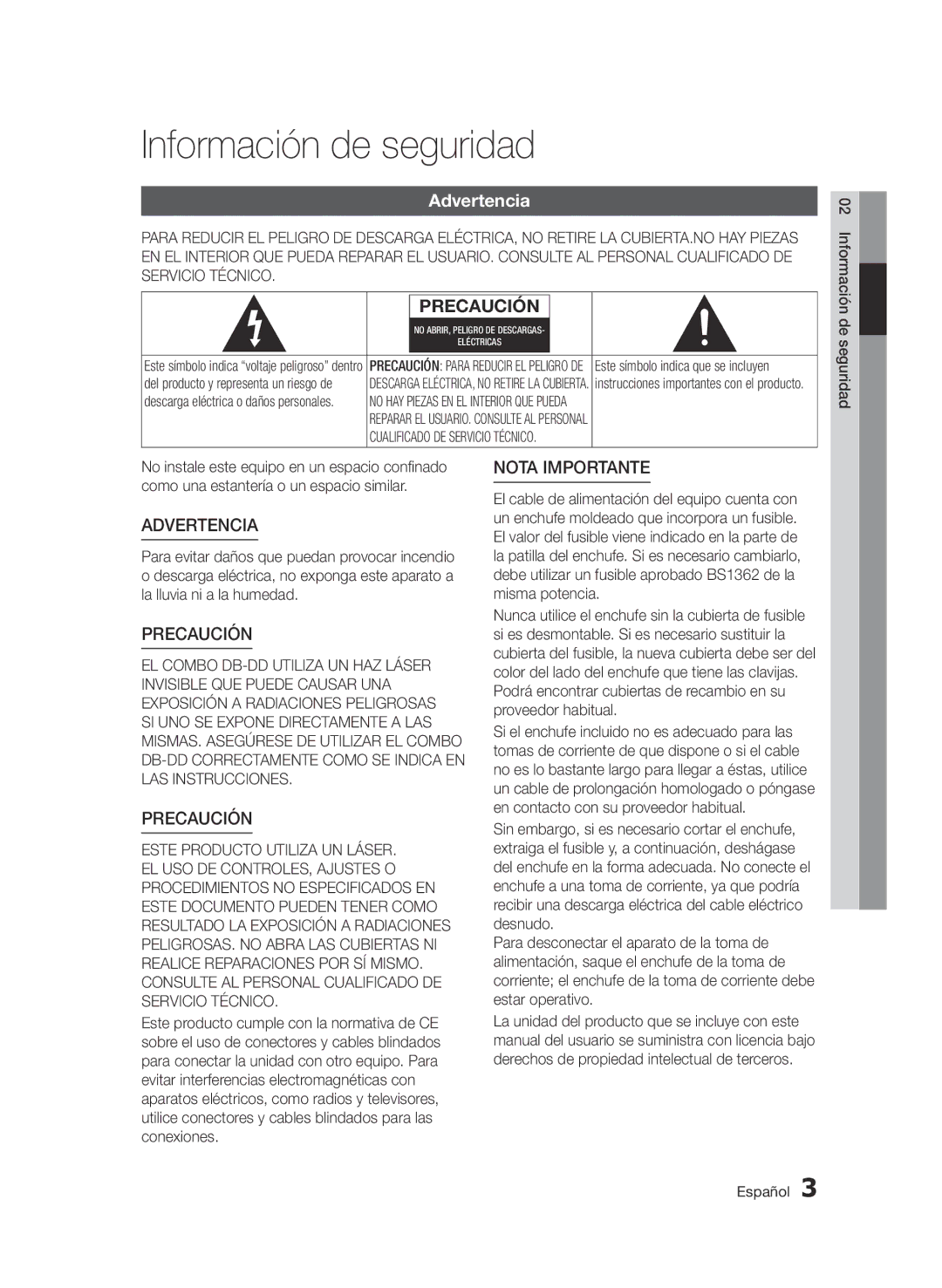 Samsung BD-D8900/ZF manual Información de seguridad, Advertencia 