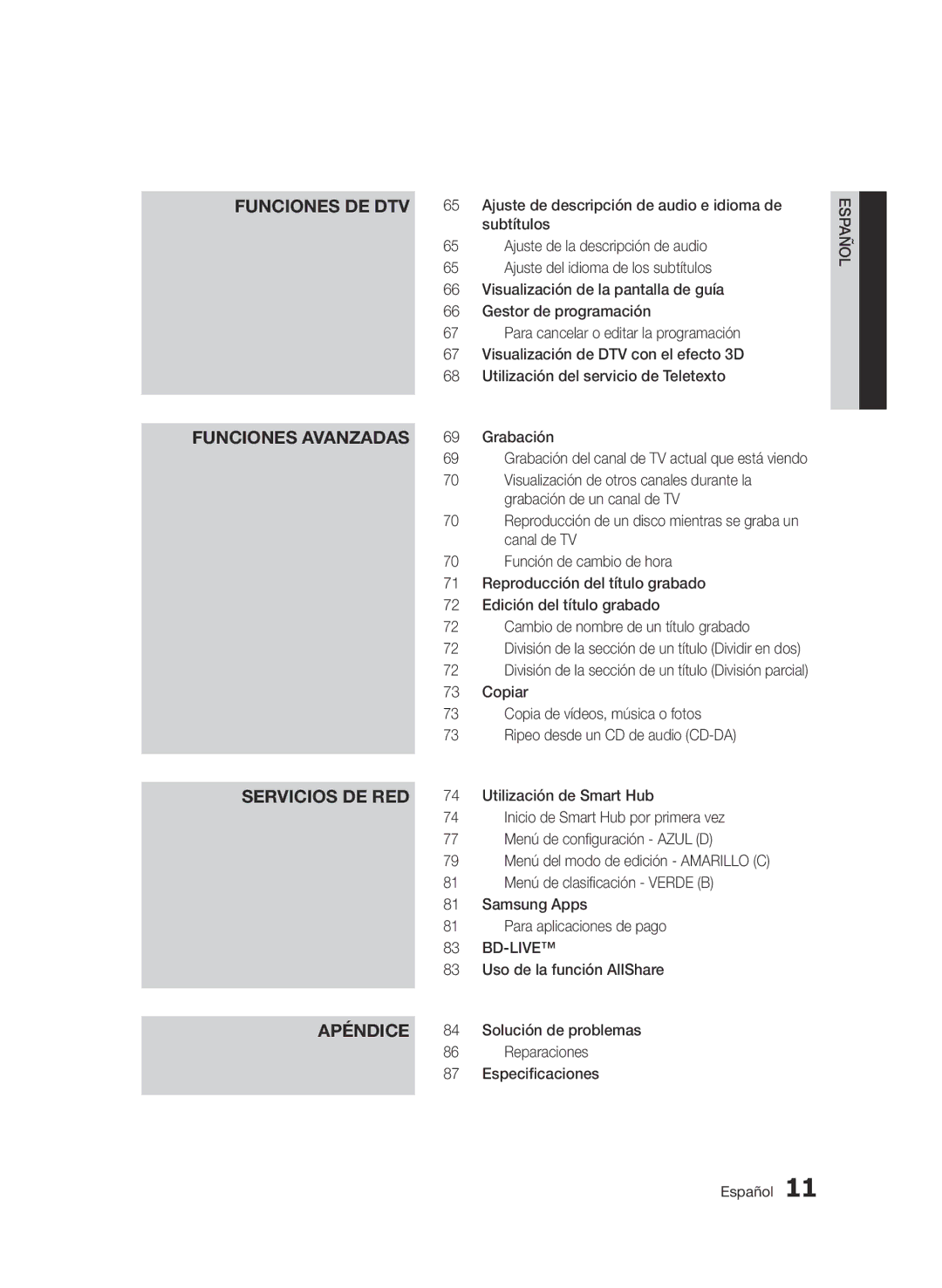 Samsung BD-D8900/ZF Subtítulos, Ajuste de la descripción de audio, Ajuste del idioma de los subtítulos, Grabación, Copiar 