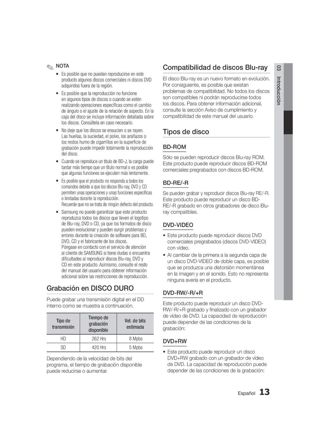 Samsung BD-D8900/ZF manual Grabación en Disco Duro, Compatibilidad de discos Blu-ray, Tipos de disco, Tiempo de, Disponible 