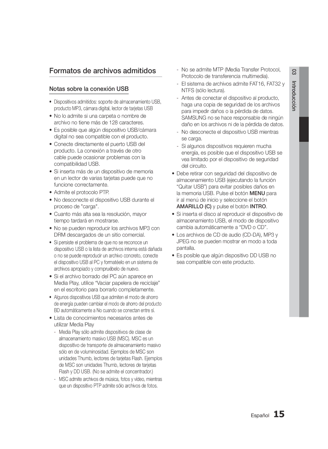 Samsung BD-D8900/ZF manual Formatos de archivos admitidos, Notas sobre la conexión USB 