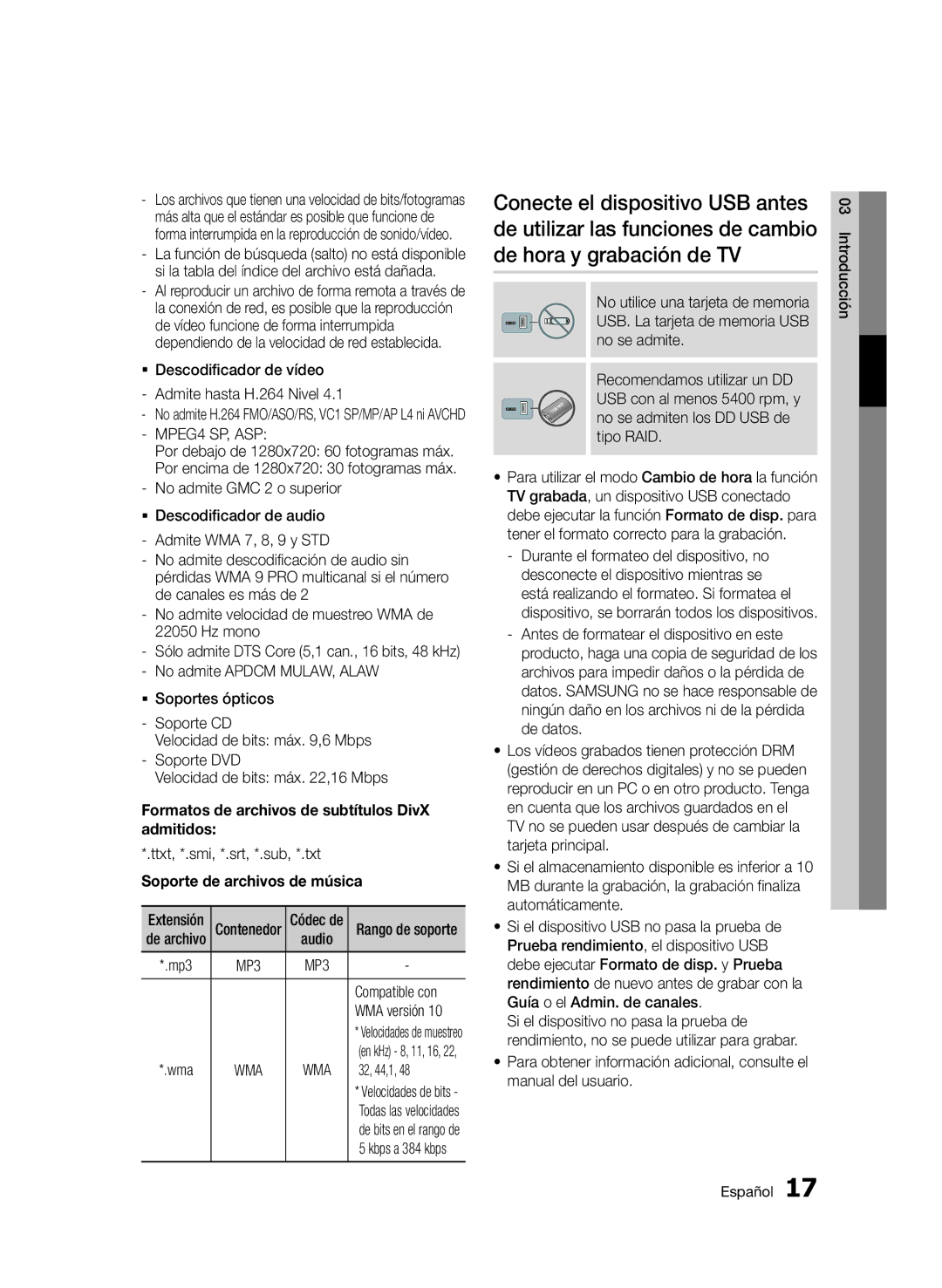 Samsung BD-D8900/ZF manual Formatos de archivos de subtítulos DivX admitidos, Soporte de archivos de música, Compatible con 