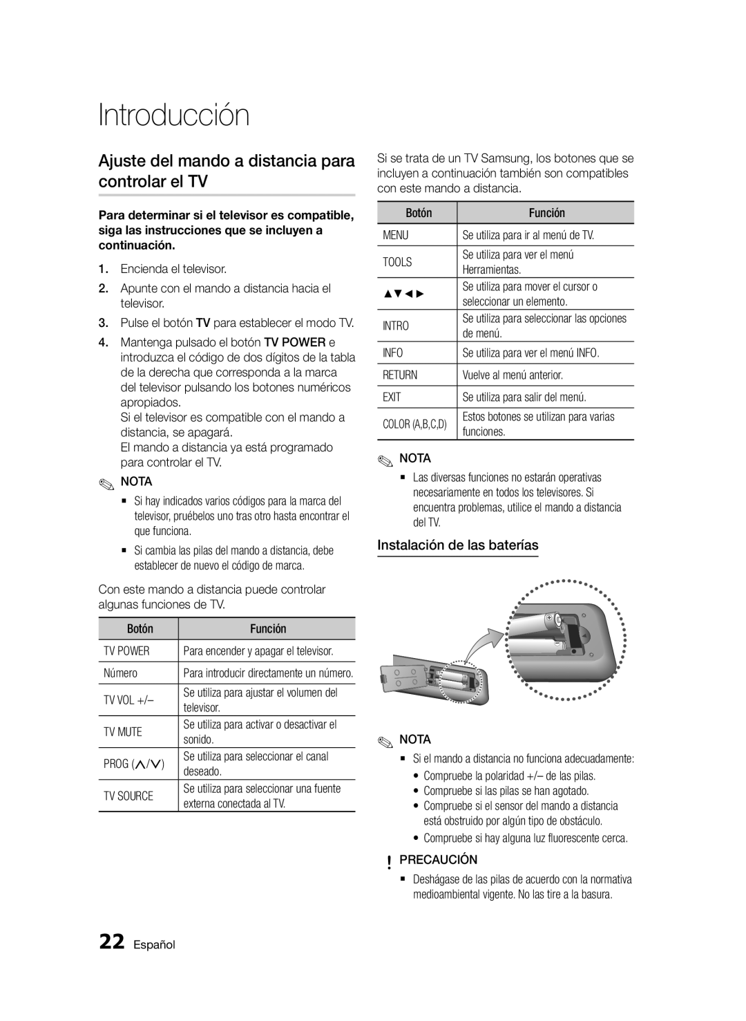 Samsung BD-D8900/ZF Ajuste del mando a distancia para controlar el TV, Instalación de las baterías, Intro, Precaución 