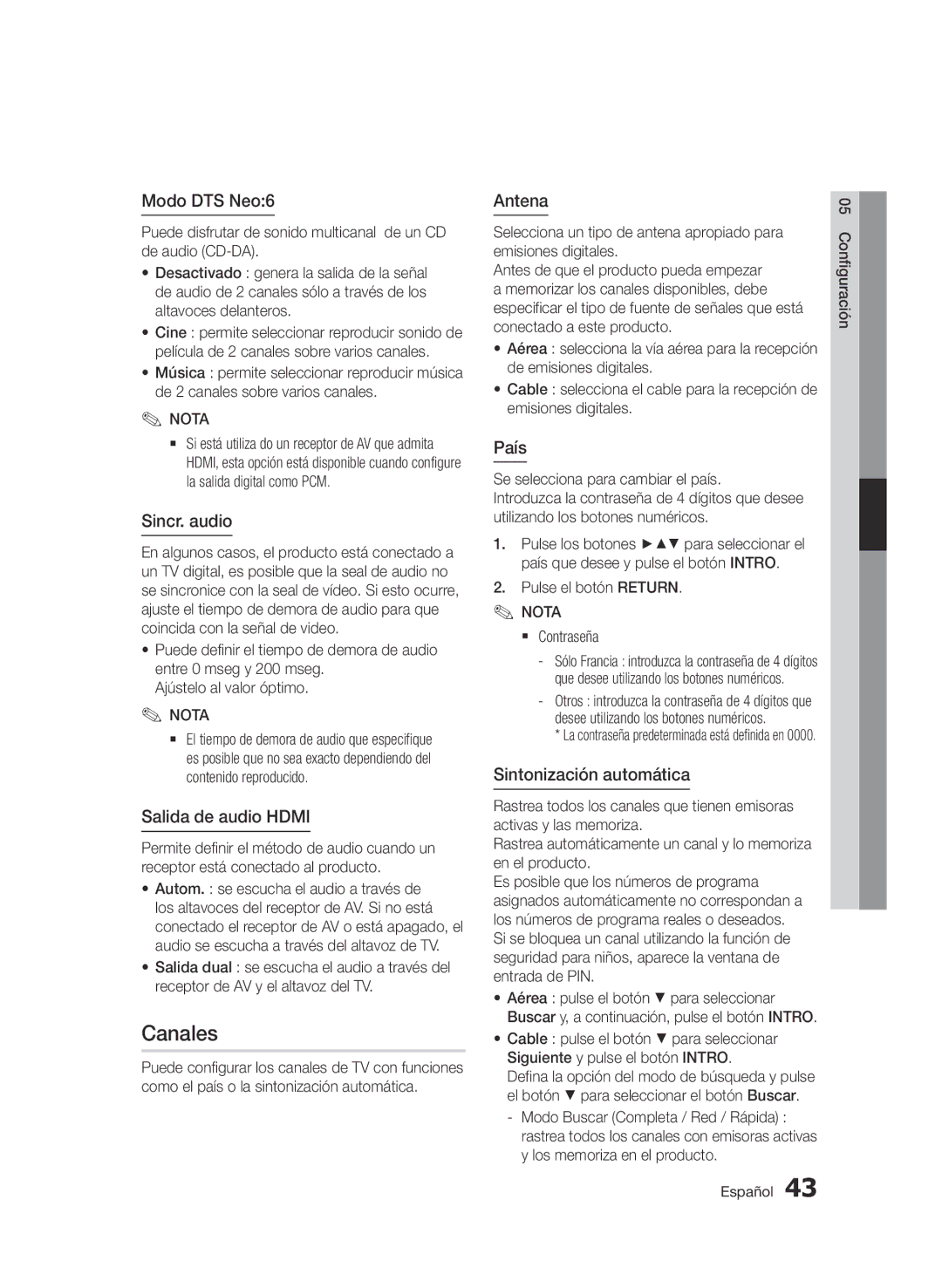 Samsung BD-D8900/ZF manual Canales 