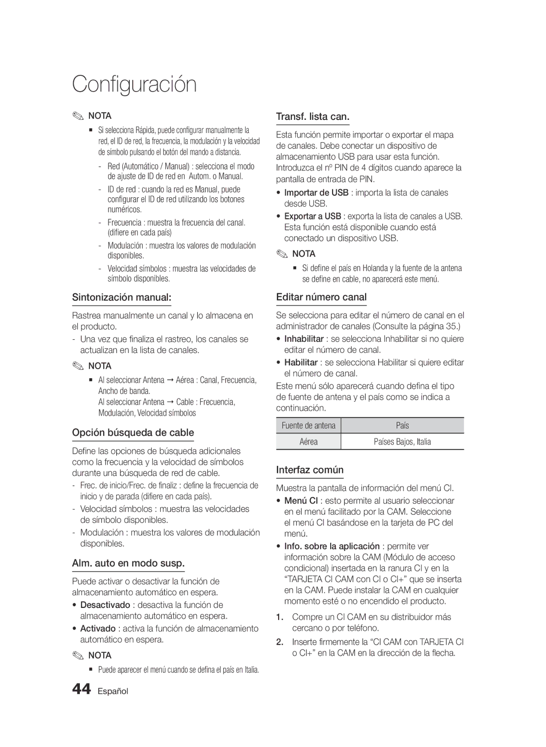 Samsung BD-D8900/ZF Sintonización manual, Opción búsqueda de cable, Alm. auto en modo susp, Transf. lista can 