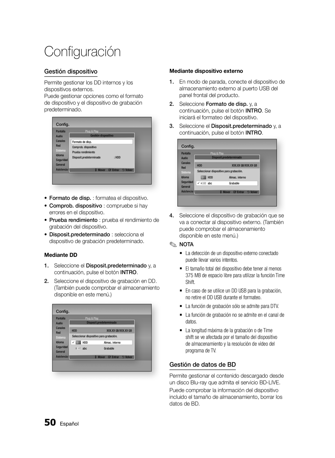 Samsung BD-D8900/ZF manual Gestión dispositivo, Gestión de datos de BD, Mediante DD, Mediante dispositivo externo, Datos 