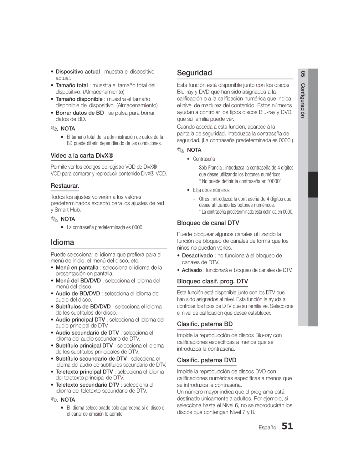 Samsung BD-D8900/ZF manual Idioma, Seguridad 