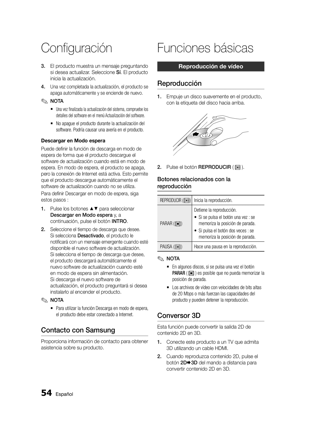 Samsung BD-D8900/ZF manual Funciones básicas, Contacto con Samsung, Conversor 3D, Reproducción de vídeo 