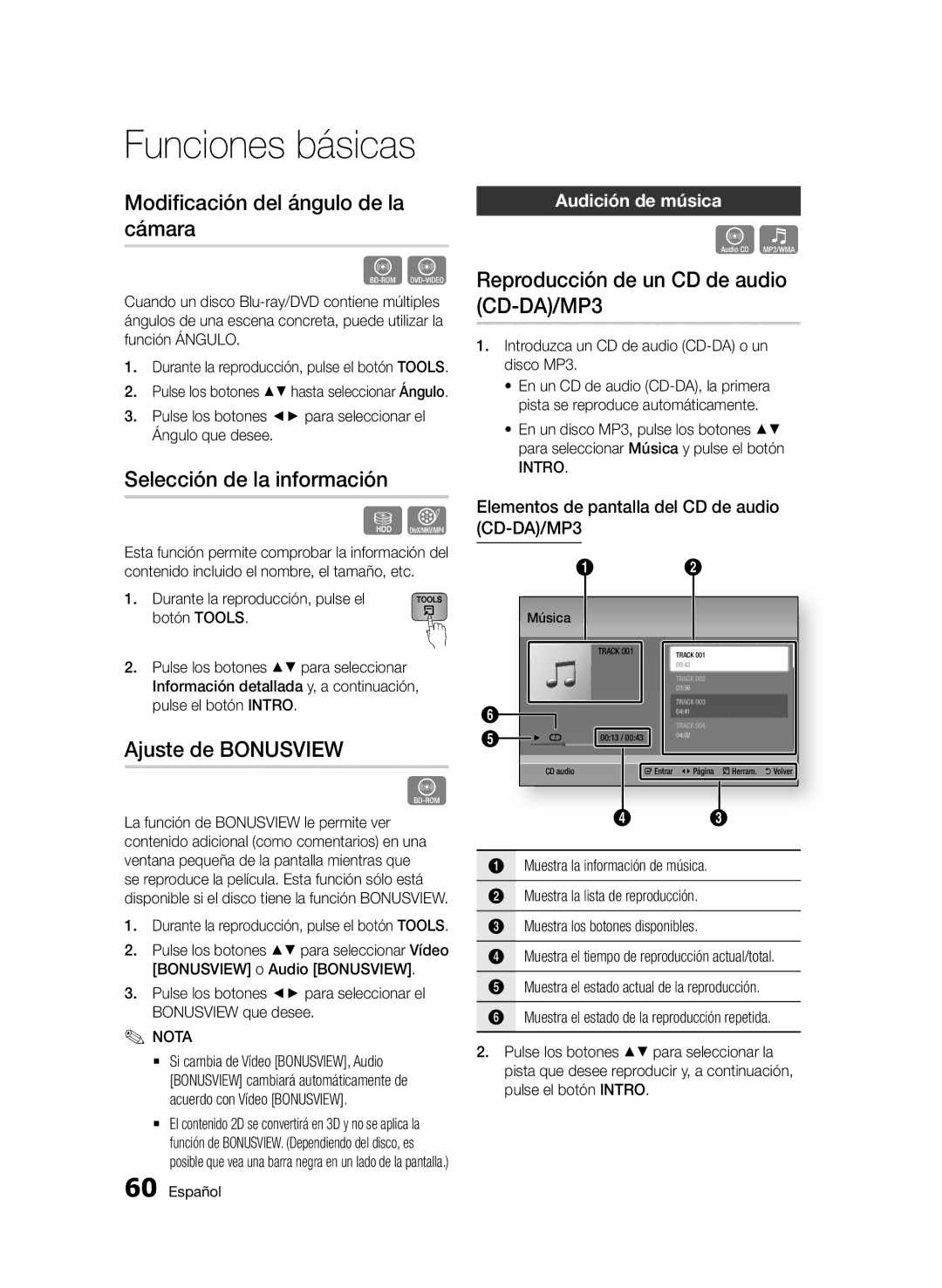 Samsung BD-D8900/ZF manual Modificación del ángulo de la cámara, Selección de la información, Ajuste de Bonusview 