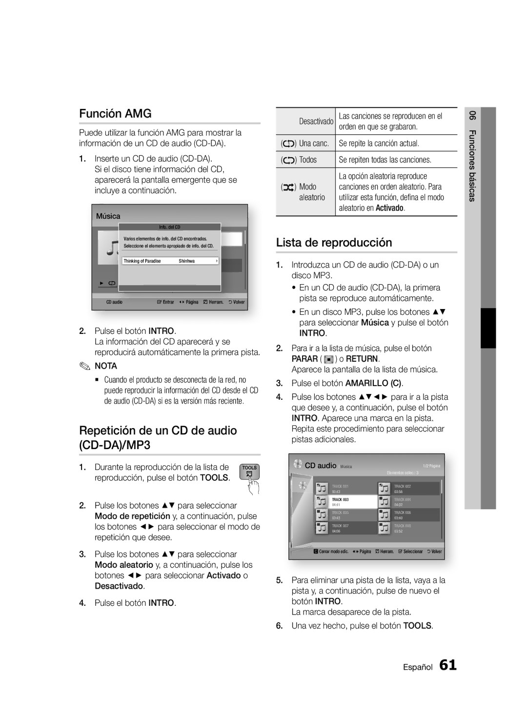 Samsung BD-D8900/ZF manual Función AMG, Repetición de un CD de audio CD-DA/MP3, Lista de reproducción 