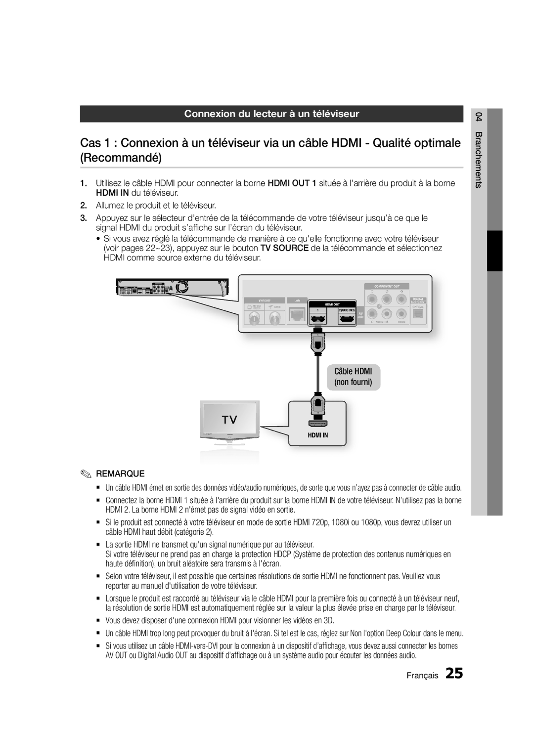 Samsung BD-D8900/ZF manual Connexion du lecteur à un téléviseur, Branchements Français 