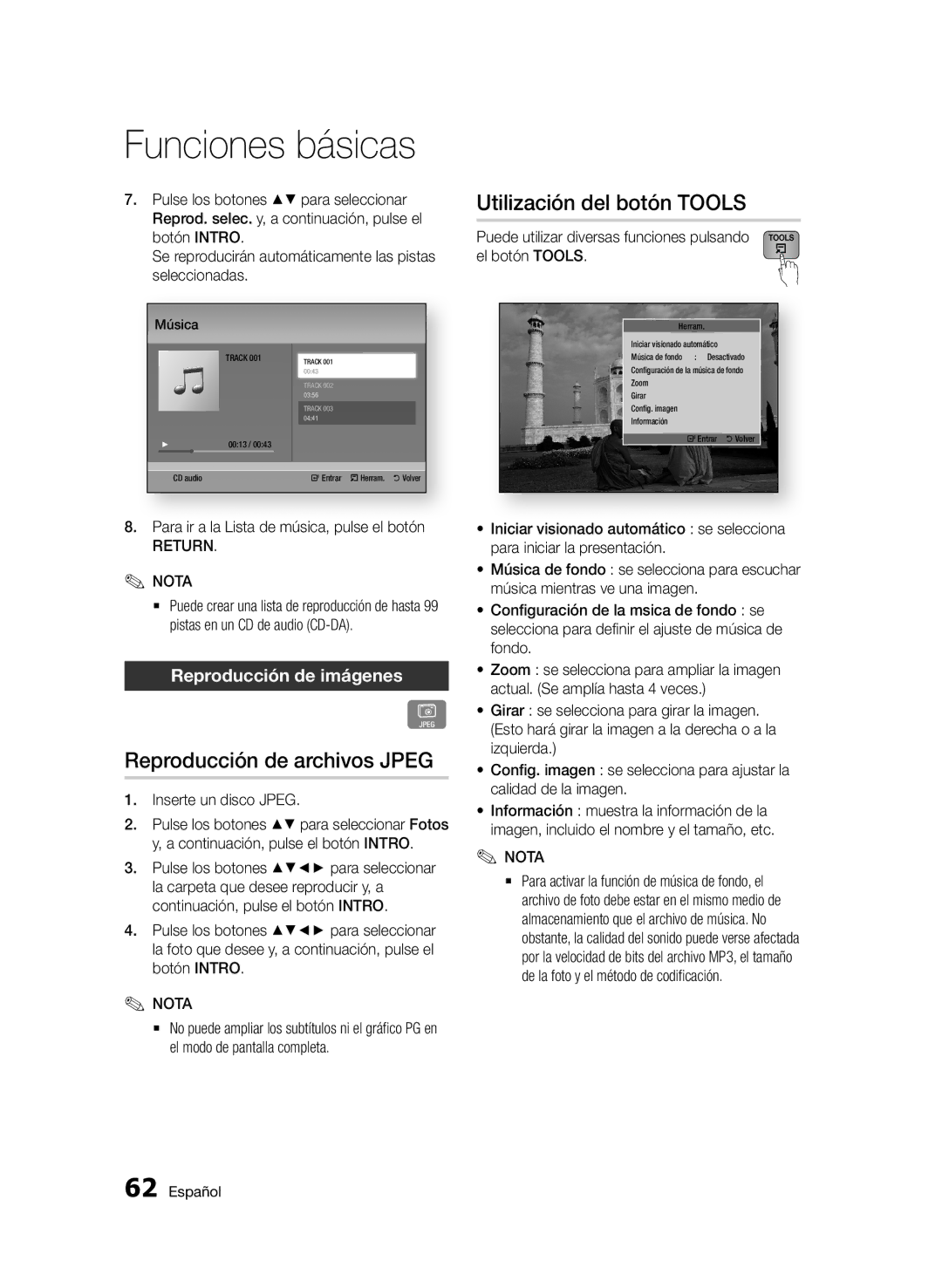 Samsung BD-D8900/ZF Reproducción de archivos Jpeg, Utilización del botón Tools, Reproducción de imágenes, Return Nota 