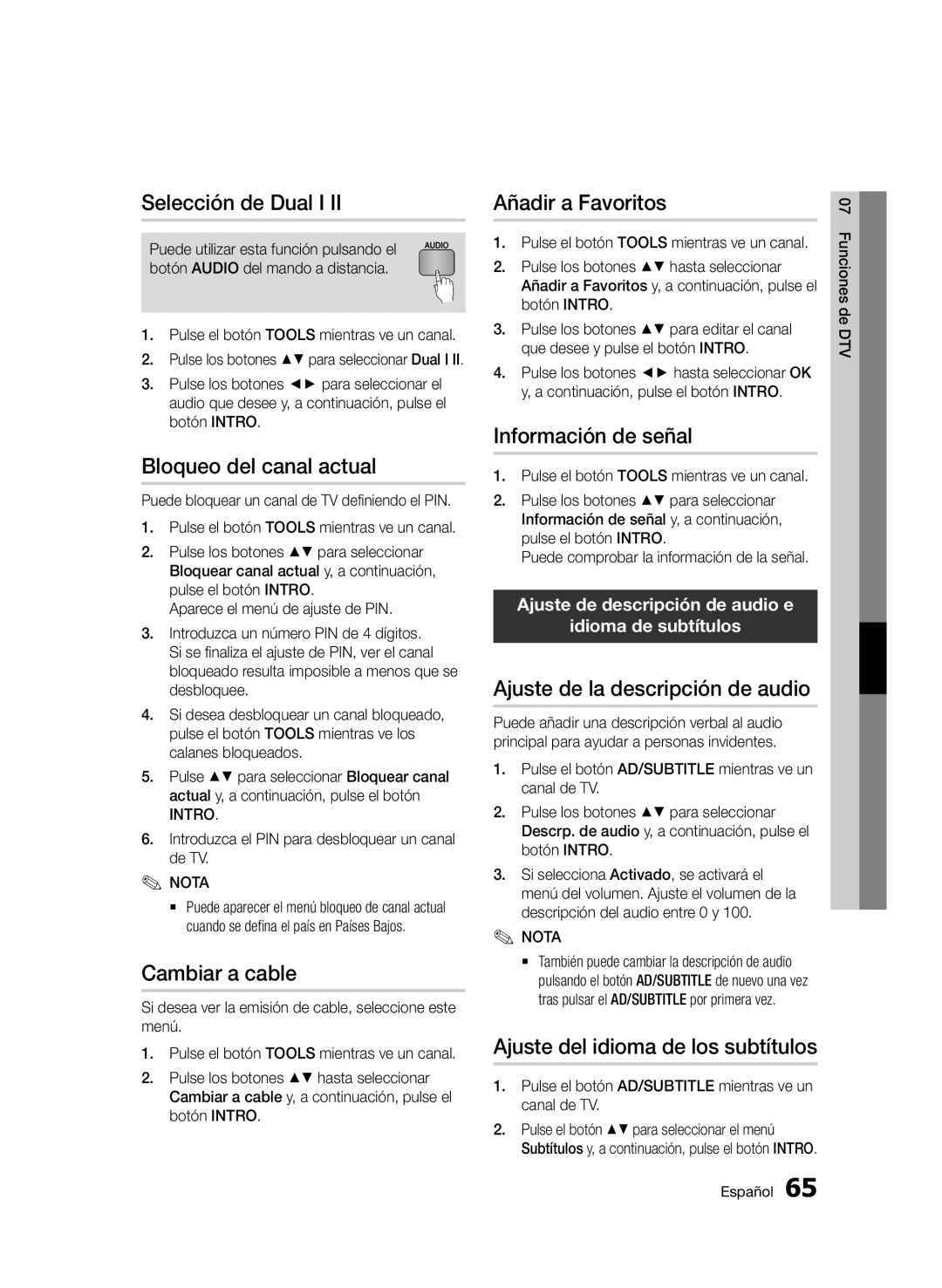 Samsung BD-D8900/ZF manual Selección de Dual I, Bloqueo del canal actual, Cambiar a cable, Añadir a Favoritos 