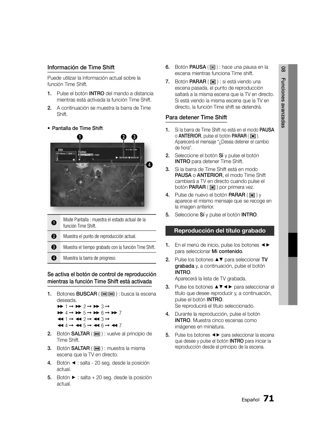 Samsung BD-D8900/ZF manual Información de Time Shift, Para detener Time Shift, Reproducción del título grabado 