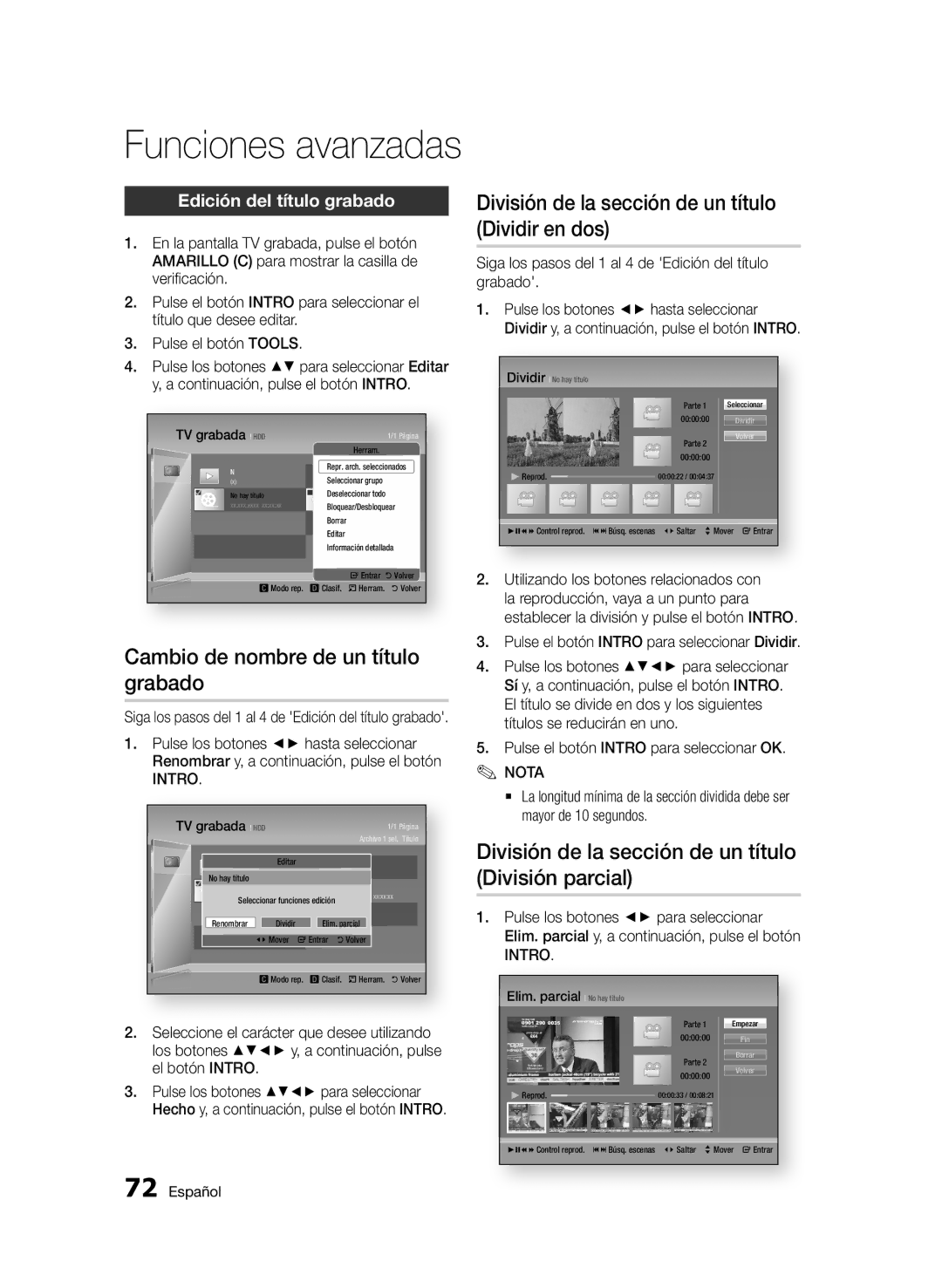 Samsung BD-D8900/ZF manual Cambio de nombre de un título grabado, División de la sección de un título Dividir en dos 