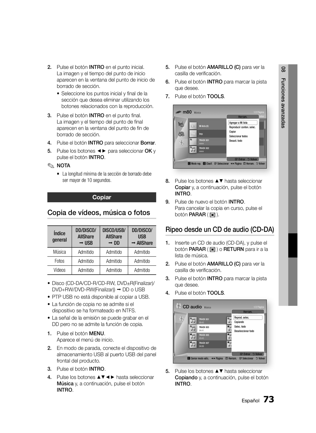 Samsung BD-D8900/ZF manual Copia de vídeos, música o fotos, Copiar, Usb, PTP USB no está disponible al copiar a USB 