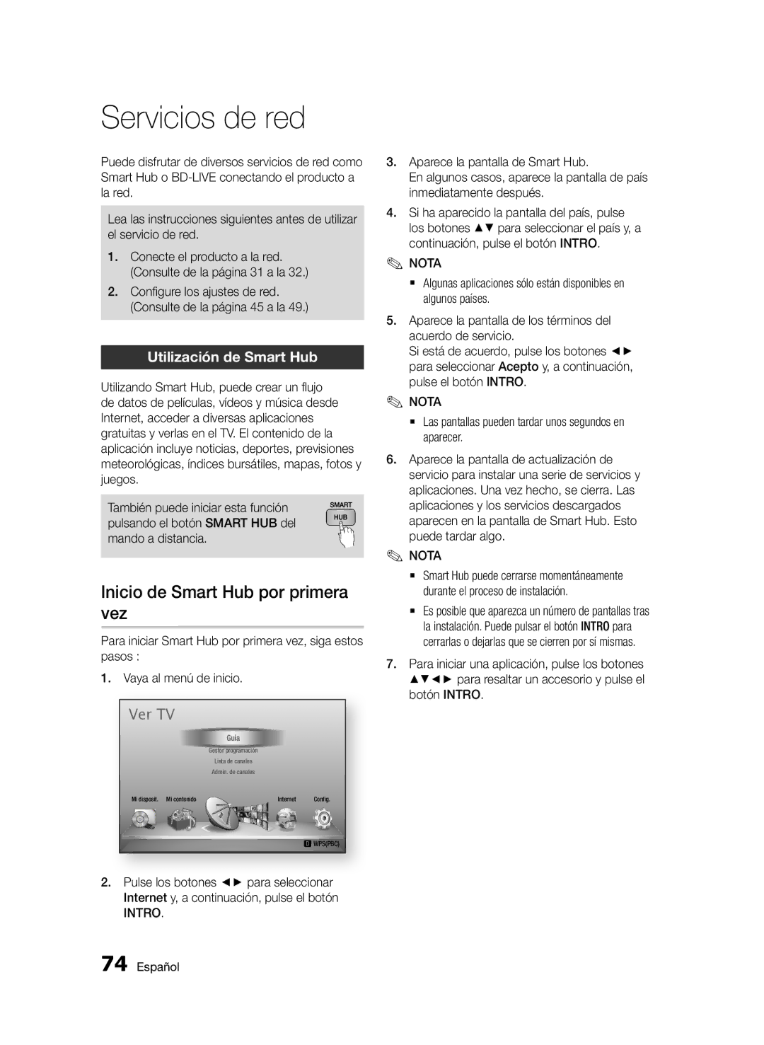 Samsung BD-D8900/ZF manual Servicios de red, Inicio de Smart Hub por primera vez, Utilización de Smart Hub 